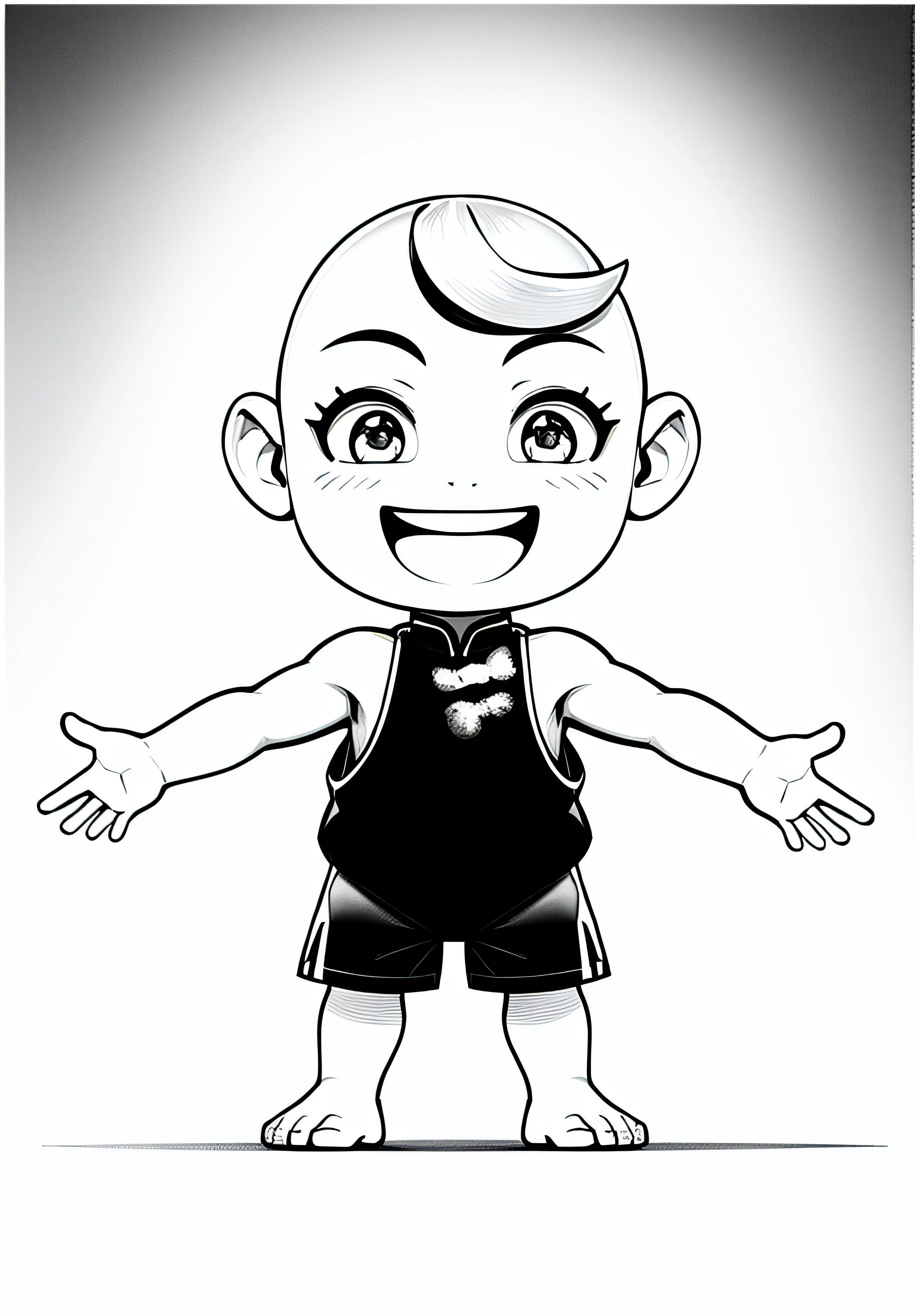 Masterpiece, best quality, 1 boy, solo, bald, look_audience, smile, hold, black thin line drawing, monochrome, no background, contoured thin line, sleeveless