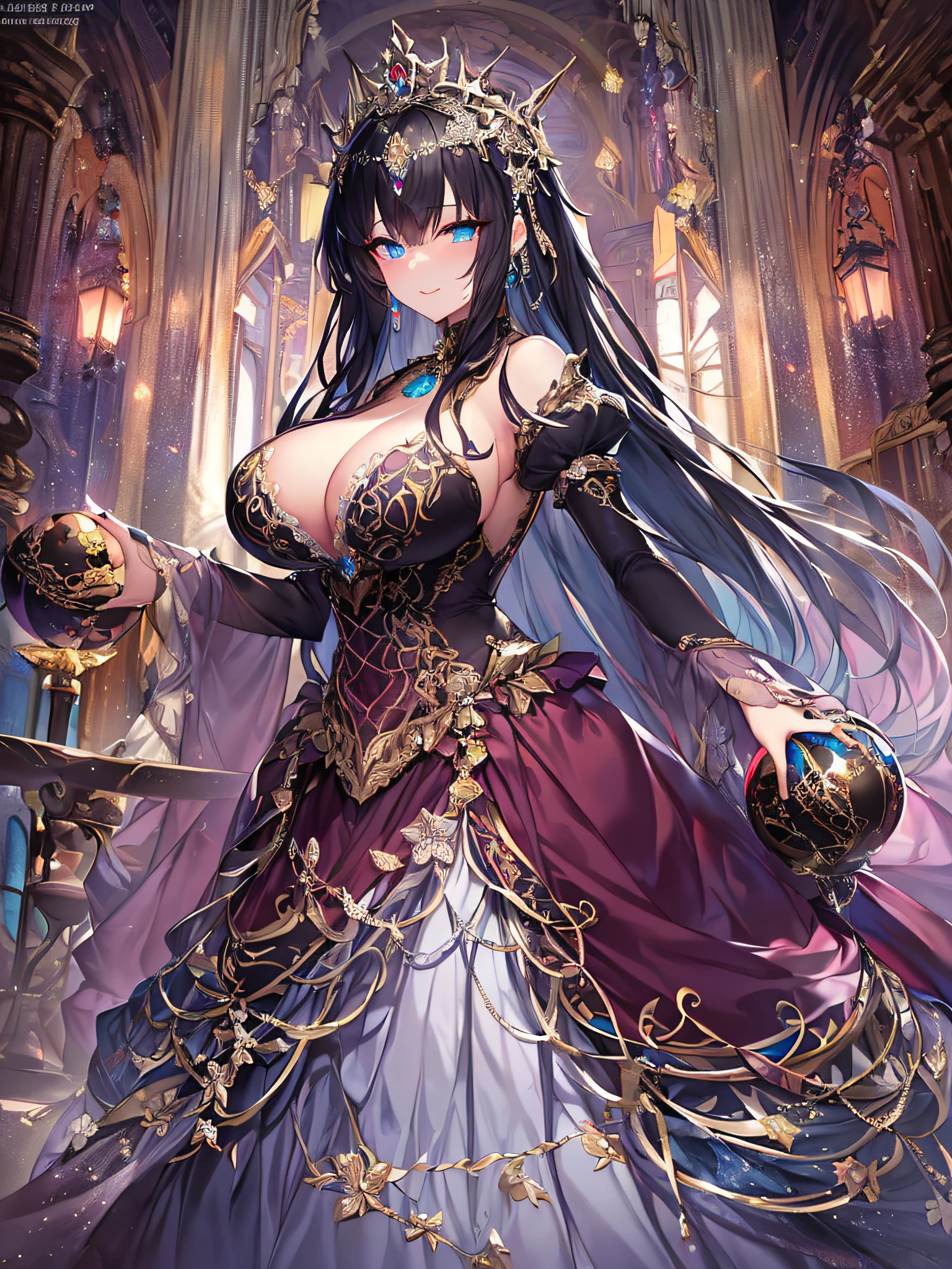 ((anime artstyle)),(Masterpiece),(Best Quality), (Super Detail),Illustration,((Very Delicate and Beautiful)),Focus on character,Dynamic Angle,Looking at viewer,((Solo)),standing,(((full body))),((one evil and cute princess in gorgeous ball gown with voluminous skirt)),detailed face and eyes,(Wicked laugh),jewel-like eyes,((Very Long voluminous Hair)),gorgeous embroidery and lace,See-through,ornate ruffles,Gorgeous jewelry ornaments,luxury hair ornament,luxury and evil tiara with jewels,(gigantic breasts,Long breasts),full body,((evil atmosphere)),((gorgeous ball gown with voluminous skirt))