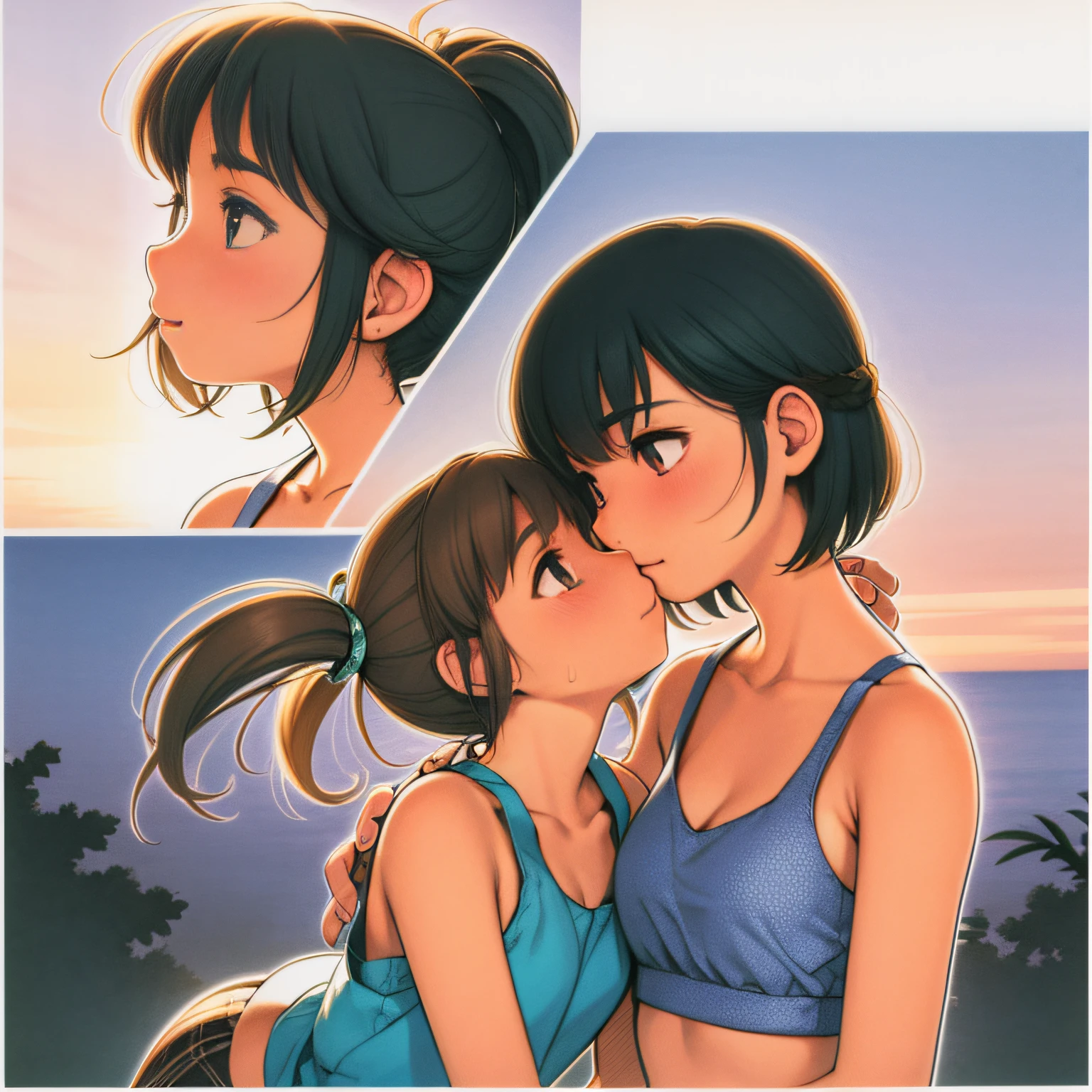 (nsfw:1.2),(best quality illustration:1.2), (pretty girl:1.1), (1 girl, solo:1), (2 girls, ************, ****, child, small, cute, cute, small breasts, super detailed eyes: 1.2), (yuri, kissing, hugging from behind, grabbing, eyes half closed, eye contact: 1.3), (sweat, hugging, blushing: 1.1), BREAK white bra, Pink Bra, Blue Bra, Green Bra, Grey Bra, Light Grey Bra, Striped Bra, Polka Dot Bra, Plaid Bra, Cute Bra, Kids Bra, Sports Bra, Camisole, Cotton Panties, School Skirt, Break Black Hair, Blue Hair, Brown Hair, Very Short Hair, Short Hair, Medium Hair, Long Hair, Wavy Hair, Curly Hair, Braid Hair, Princess Cut, Bob Cut, Twin Tail, Low Twin Tail, Ponytail, Low Ponytail, Break (Locker Room: 1.2), (Dusk, Dusk, Orange Sunlight: 1.2), BREAK (Top Quality, Super Detailed, Very Detailed and Beautiful, Ultra High Resolution, Detailed Arm: 1.2)