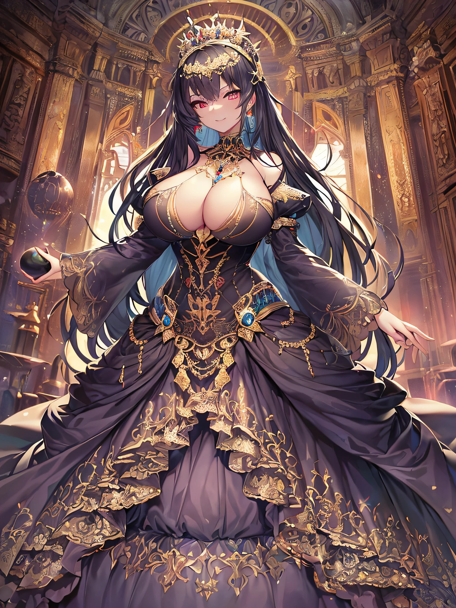 ((anime artstyle)),(Masterpiece),(Best Quality), (Super Detail),Illustration,((Very Delicate and Beautiful)),Focus on character,Dynamic Angle,Looking at viewer,((Solo)),standing,(((full body))),((one evil and cute princess in gorgeous ball gown with voluminous skirt)),detailed face and eyes,(Wicked laugh),jewel-like eyes,((Very Long voluminous Hair)),gorgeous embroidery and lace,See-through,ornate ruffles,Gorgeous jewelry ornaments,luxury hair ornament,luxury and evil tiara with jewels,(gigantic breasts,Long breasts),full body,((evil atmosphere)),((gorgeous ball gown with voluminous skirt))