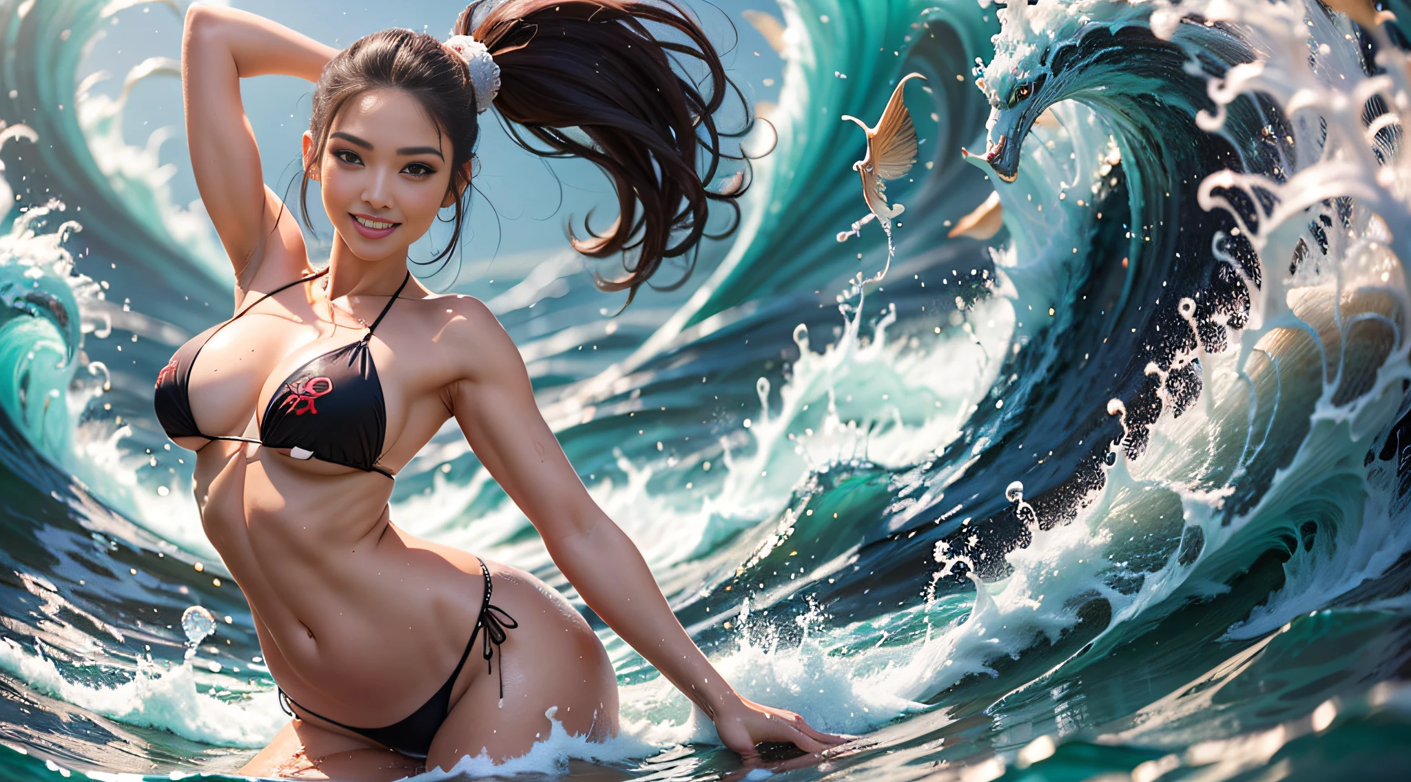 Ultra-realistic, ((best quality, 8k, master piece, : 1.3)), clear focus: 1.2, (full body 1.2), (nine-tailed fox woman: 1.2), healthy muscles, (micro bikini: 1.1), bold poses, lovely smiles, frolicking happily in the sea