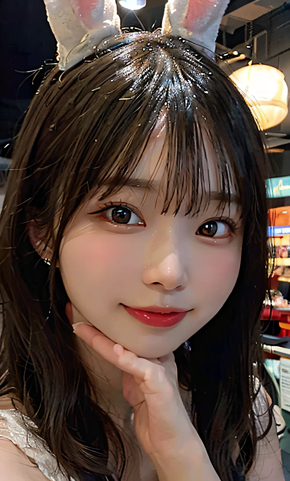 (RAW photo: 1.2), top quality, beautiful detailed girl, bunny girl, from below, bob, smile, highly detailed eyes and face, beautiful detailed eyes, huge file size, high resolution, 8k wallpaper, fine detail, highly detailed ticker uniform 8k wallpaper, light on face, movie lighting, 16 year old girl, sexy pose, (photorealism: 1.4), illustration, Super detail, masterpiece, half-naked,