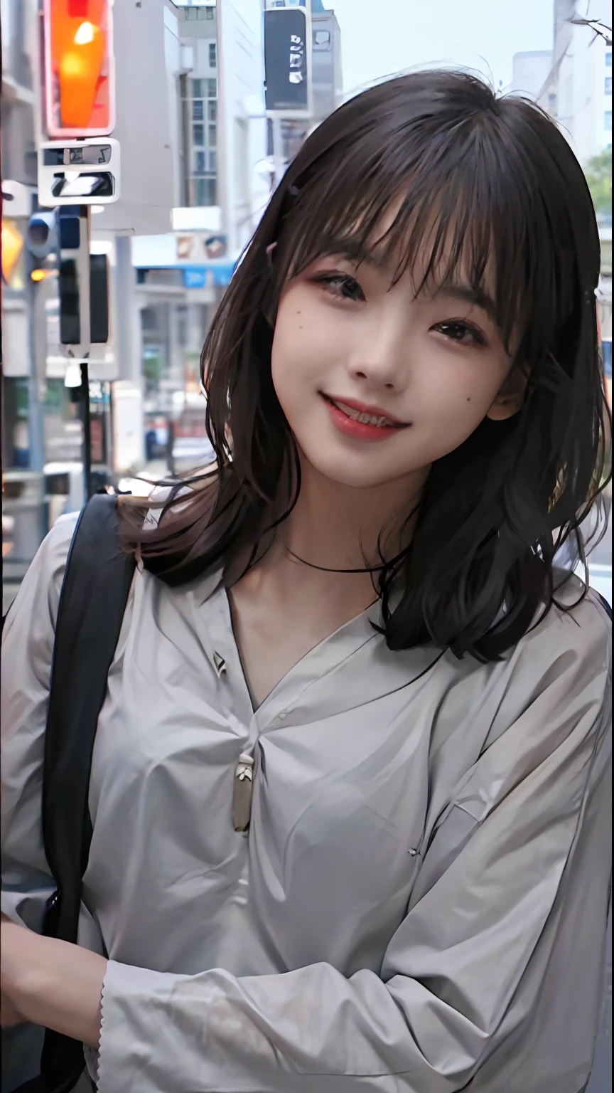 (masterpiece, highest best quality, high resolution, highly detailed, original:1.2),17-year-old girl,slender,thin,random hairstyle,random expression,dark gray collar,white (long-sleeved / short-sleeved) posing,street,dark grey bow tie on hair,smile,no makeup,(realistic:1.4),office background,