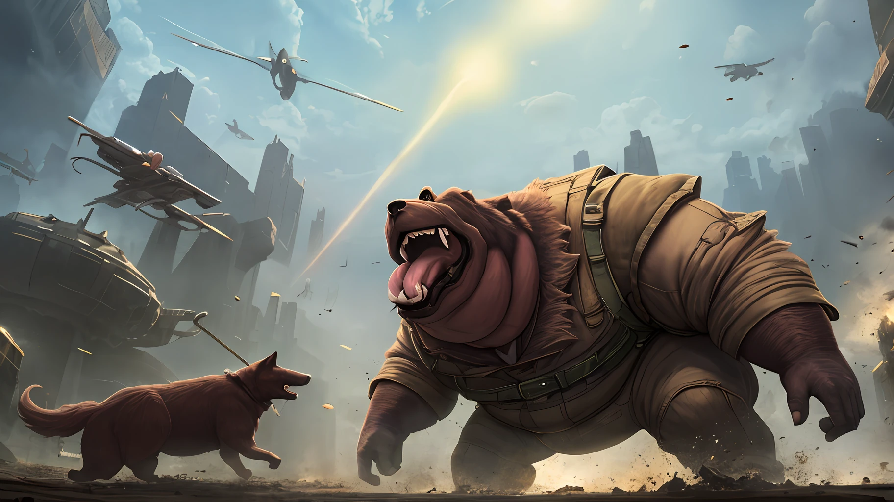 Fat man fighting green aliens that look like giant dogs, epic scene, cinematic lighting, fight scene, rule of thirds framing, oil painting, fullHD, 4K --auto --s2