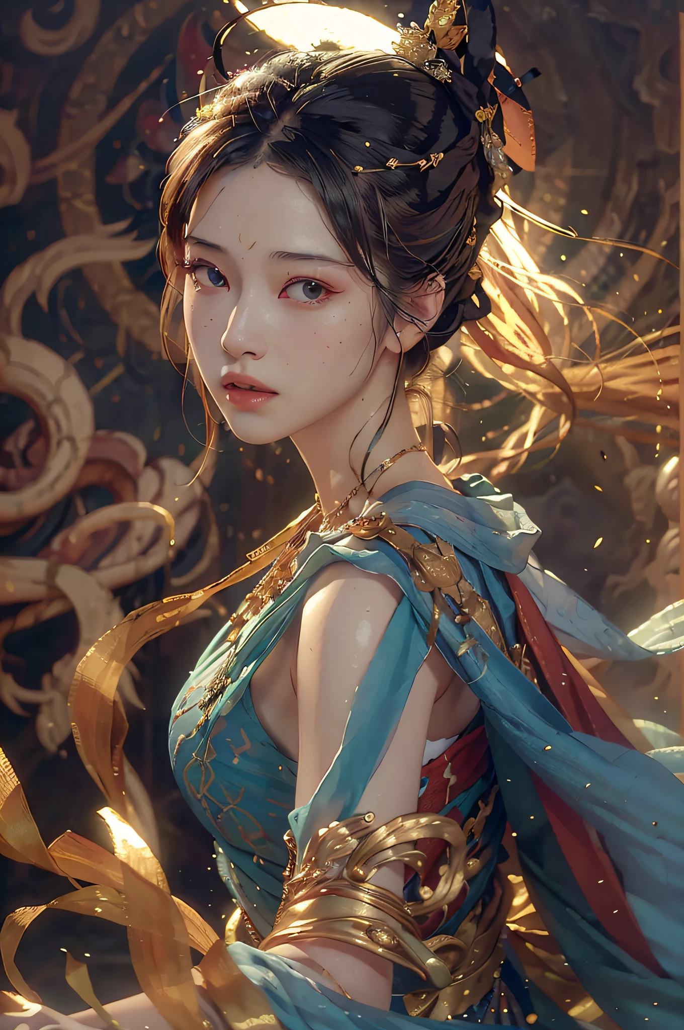 (RAW photo, best quality), (realistic, photo-realistic:1.3),best quality,highly detailed,masterpiece,ultra-detailed,illustration,1girl,upper_body,dynamic angle,world masterpiece theater,messy_long_hair,best quality,extremely detailed CG unity 8k wallpaper,ink,Amazing,cinematic lighting,lens_flare,,dunhuang_style