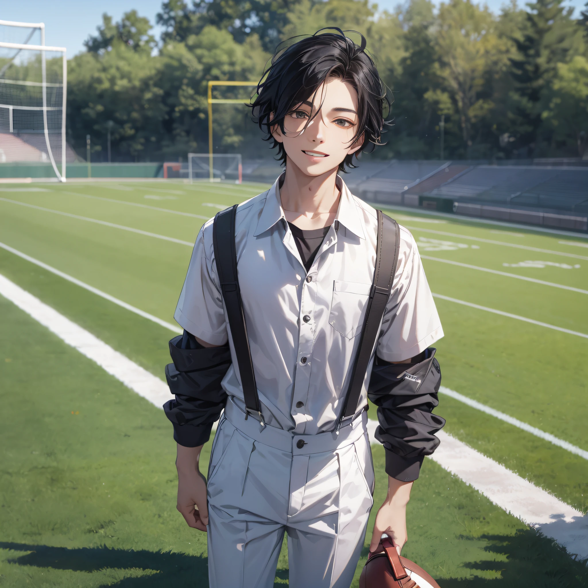 Ridiculous resolution, high resolution, (masterpiece: 1.4), hyper-detail, football field, young man messy black hair, white suspenders, standing and looking around, happy expression