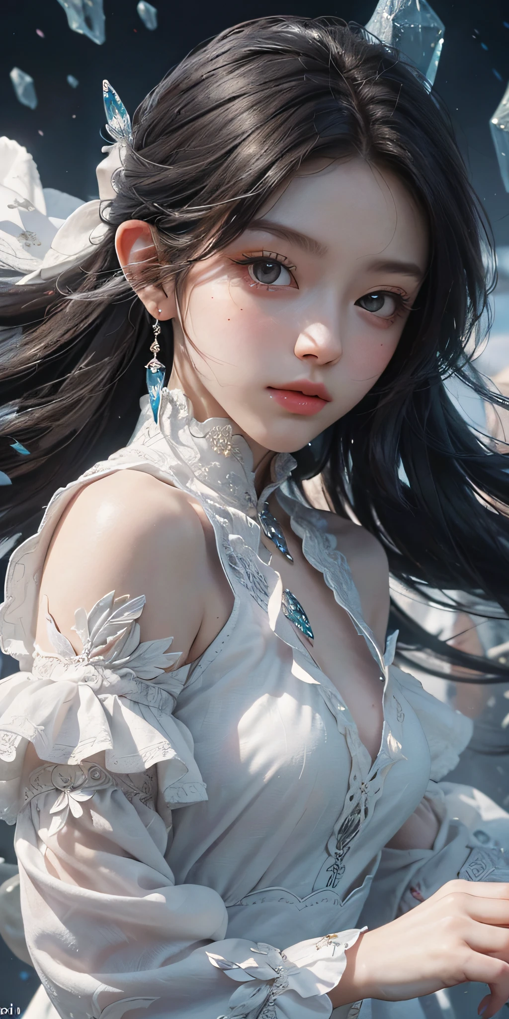 (Masterpiece, Top Quality, Best, Official Art, Beautiful and Aesthetic, Long Exposure: 1.2), Smooth Movement, Charming Patterns, 1 Girl, (Long Dress with Sleeves: 1.3), (((White Clothes) )), upper body close-up, bare shoulders, Chinese girl, blush, black lob hair, portrait, solo, upper body, looking at the observer, detailed background, detailed face, (crystallineAI, crystalline theme:1.1), elemental wind elves, rotation Wind, control the wind, white crystal clothing, dynamic pose, floating particles, ethereal dynamics, whirlwind, vapor, whirlwind in the background, white tone, whirlwind, ethereal atmosphere,