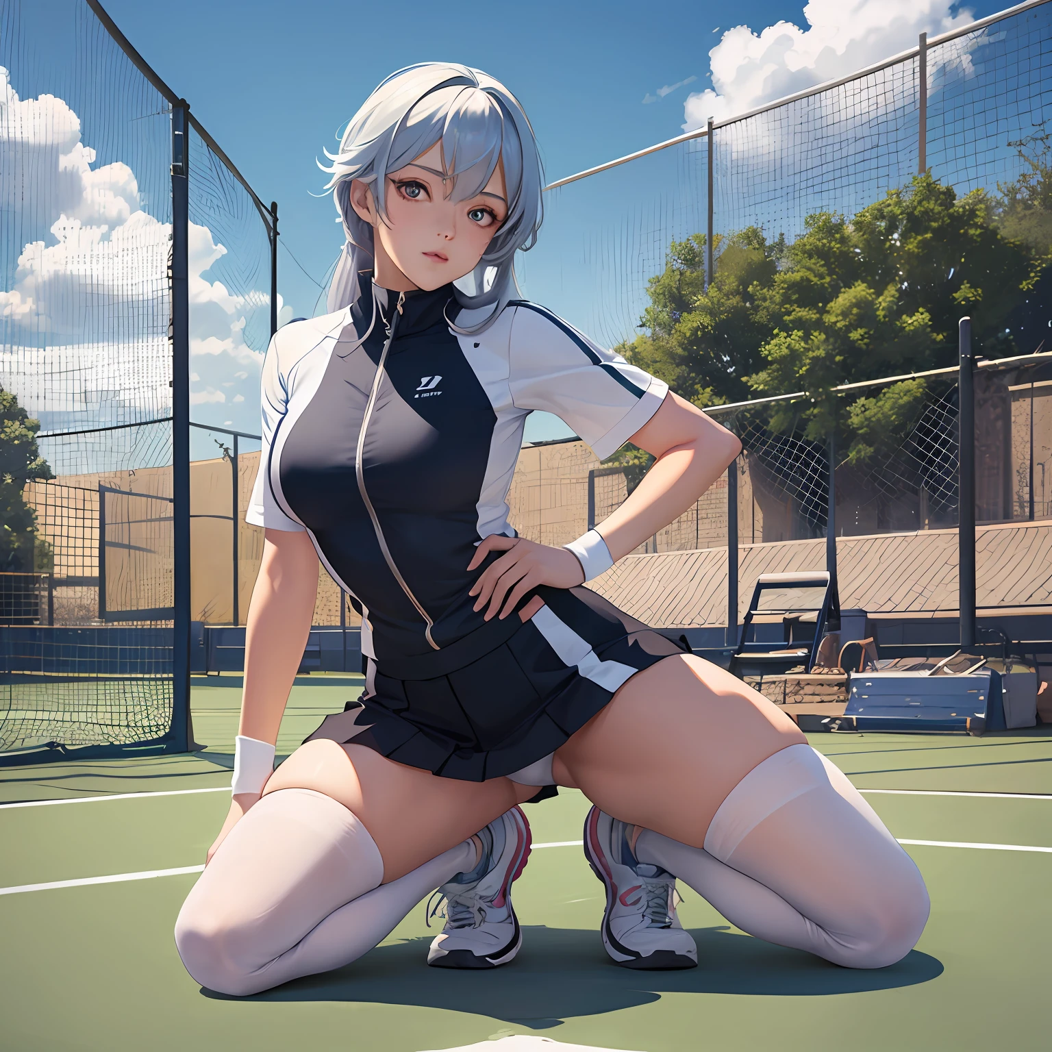 masterpiece, 1girl, solo, yukino yukinoshita, glowing eyes, white sneakers, tennis wear, white miniskirt, white panties, white knee socks, masterpiece, top quality, realistic, hyper-detailed, blue sky, tennis court