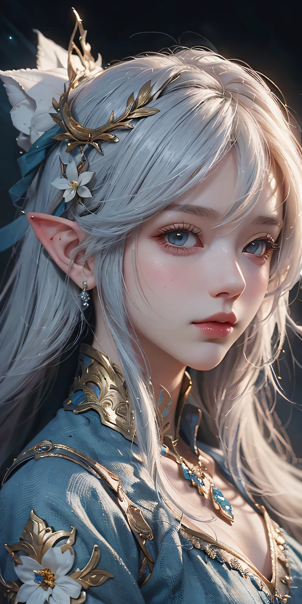 anime girl with white hair and blue dress holding a bouquet, beautiful celestial mage, beautiful character painting, extremely detailed artgerm, beautiful and elegant elf queen, wlop rossdraws, 8k high quality detailed art, fantasy art style, anime fantasy illustration, by Yang J, detailed fantasy art, fanart best artstation, wlop and rossdraws