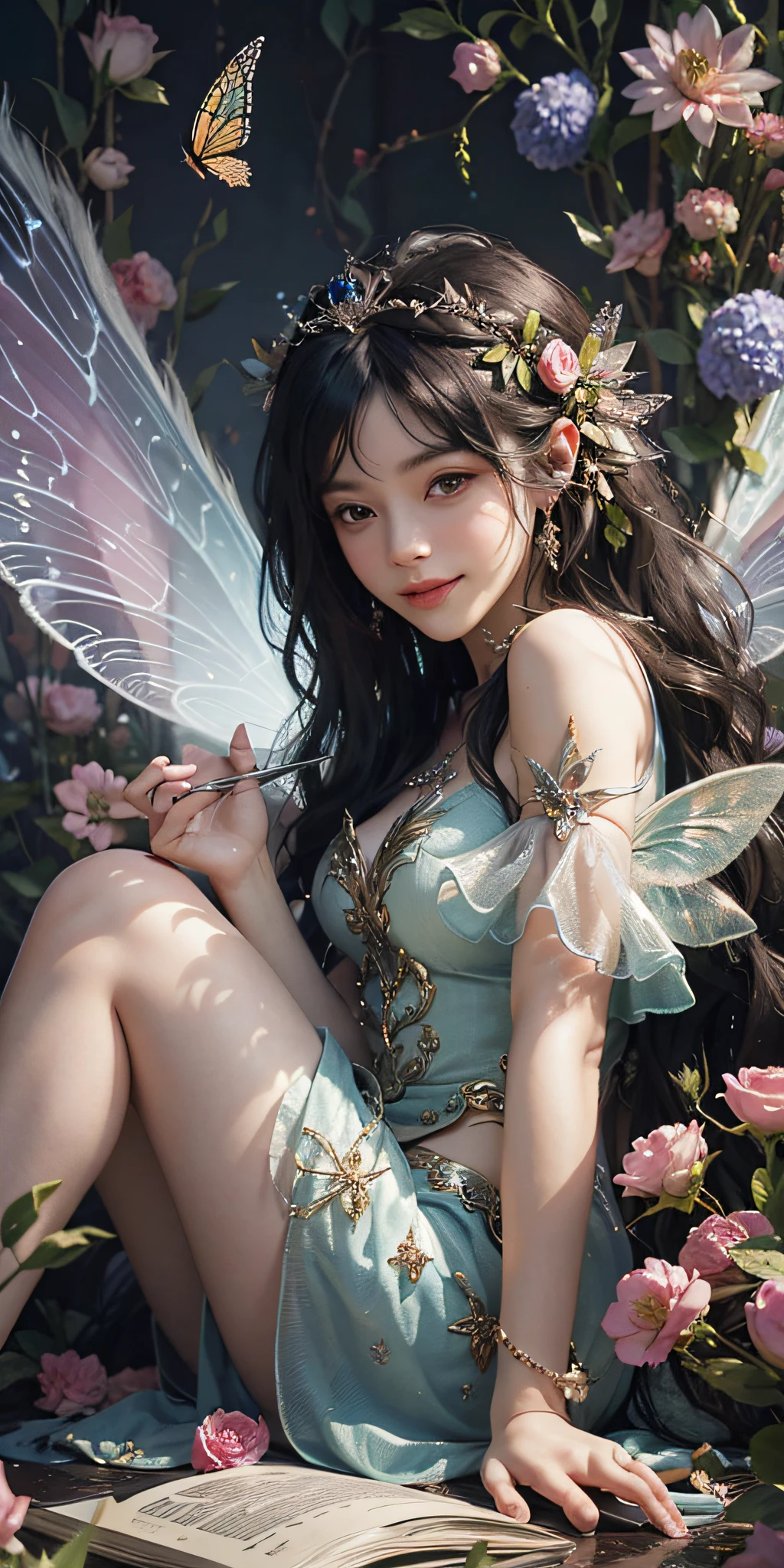there is a woman with a fairy wings sitting on a bed, fairy aesthetics, beautiful adult fairy, beautiful fairy, portrait of a fairy, beautiful fairies, fairycore, ethereal fairytale, beautiful fairie, portrait of fairy, fairylike, ethereal wings, faerie, beautiful adult book fairy, ethereal fantasy, smiling as a queen of fairies, queen of the fairies, ((masterpiece)),16k,uhd