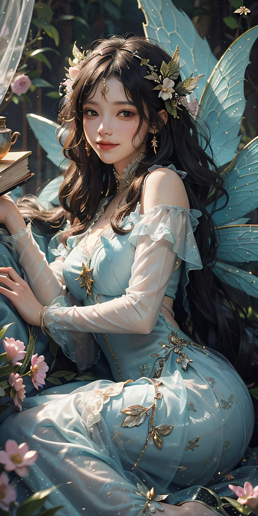 there is a woman with a fairy wings sitting on a bed, fairy aesthetics, beautiful adult fairy, beautiful fairy, portrait of a fairy, beautiful fairies, fairycore, ethereal fairytale, beautiful fairie, portrait of fairy, fairylike, ethereal wings, faerie, beautiful adult book fairy, ethereal fantasy, smiling as a queen of fairies, queen of the fairies, ((masterpiece)),16k,uhd