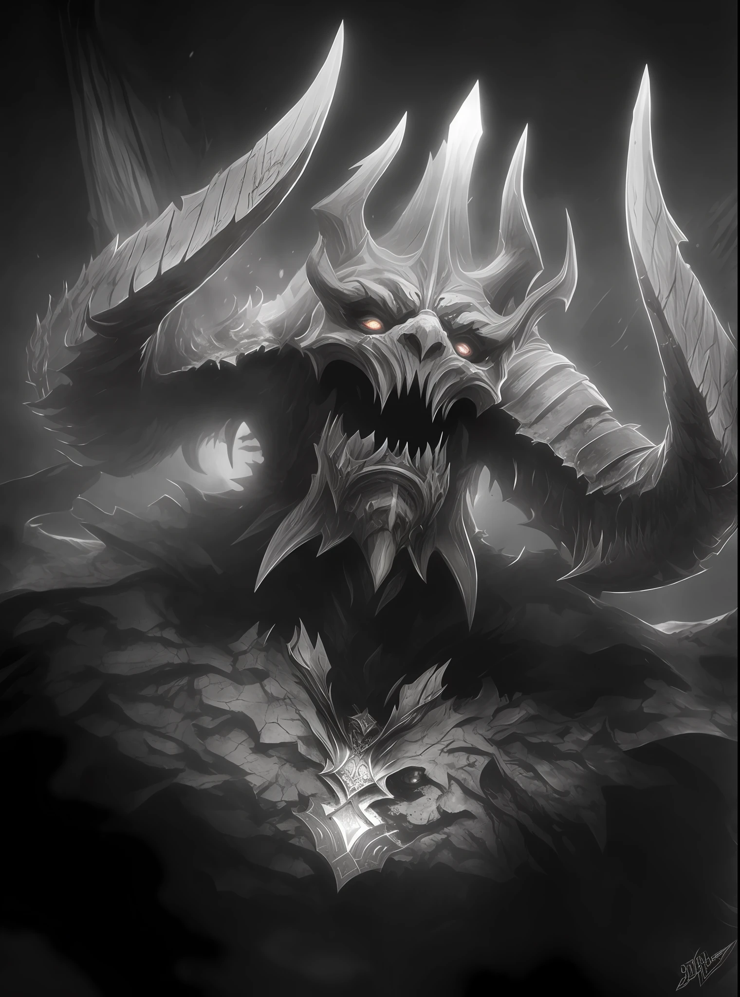 a black and white photo of a demonic creature with large horns, diablo digital concept art, diablo concept art, demon soul concept art, world of warcraft concept art, deathwing, demon lord, world of warcraft art, by Tadeusz Pruszkówski, an ominous fantasy illustration, diablo, symmetrical epic fantasy art, blizzard game concept art