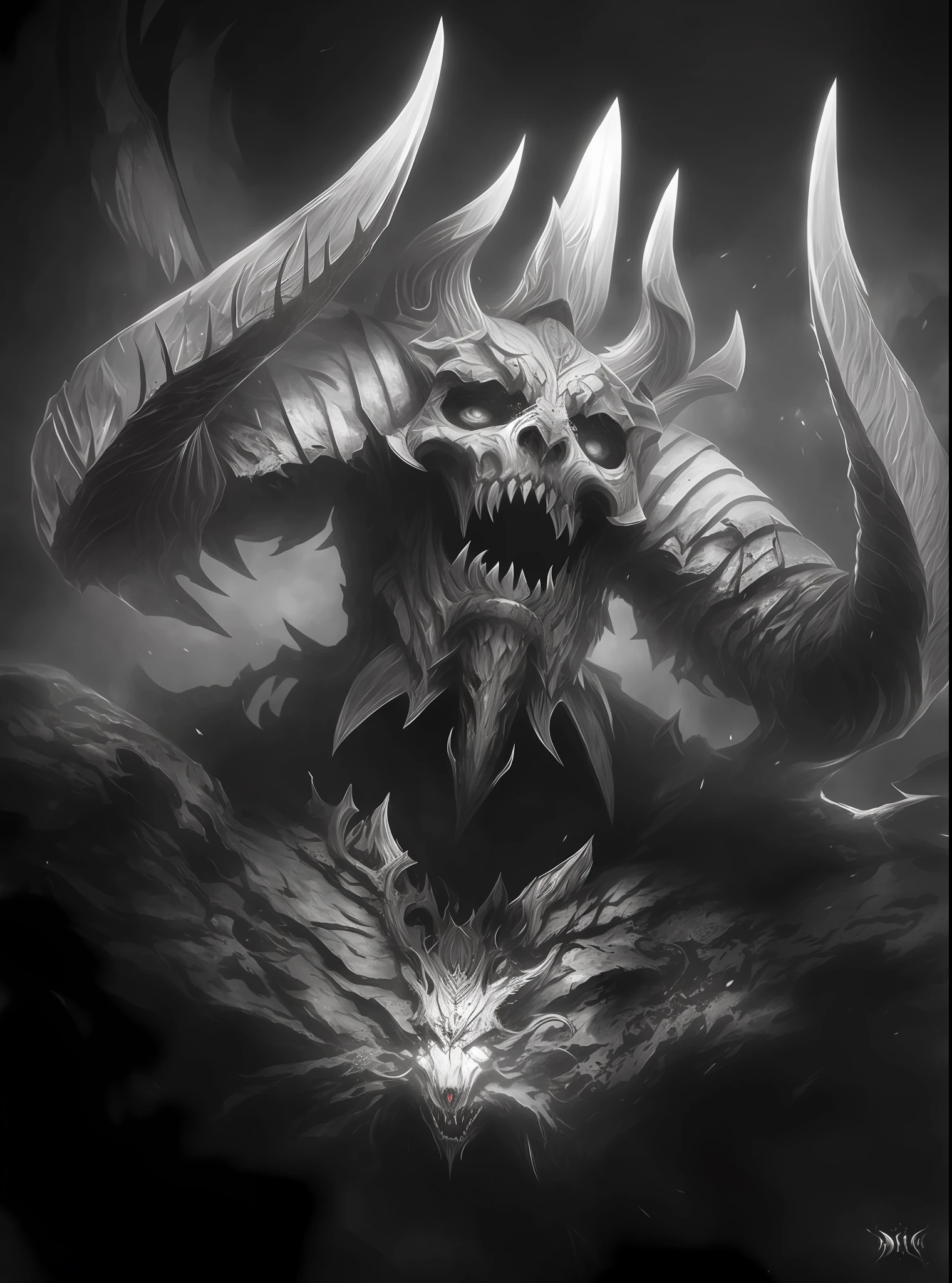 a black and white photo of a demonic creature with large horns, diablo digital concept art, diablo concept art, demon soul concept art, world of warcraft concept art, deathwing, demon lord, world of warcraft art, by Tadeusz Pruszkówski, an ominous fantasy illustration, diablo, symmetrical epic fantasy art, blizzard game concept art