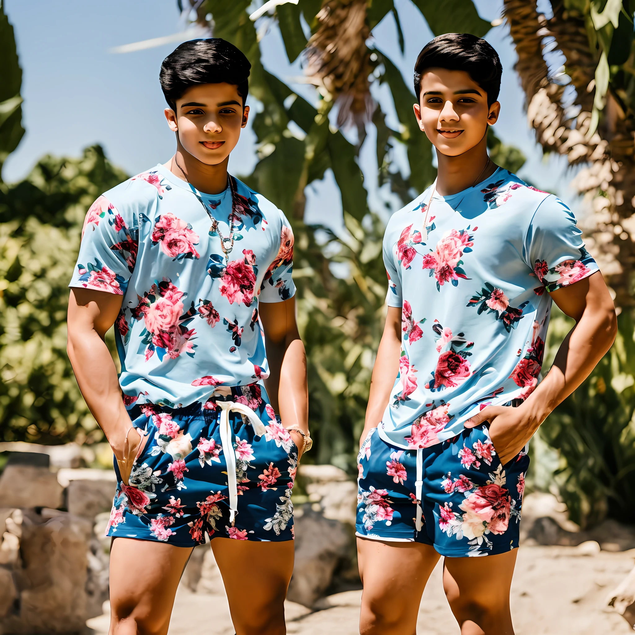 "Stylish and poised, a 21-year-old Arabic supermodel showcases his pstrength as he confidently poses in a captivating floral print short shorts and a perfectly matching t-shirt." Oversized biceps, thin waist, cleft chin, dramatic rim lighting