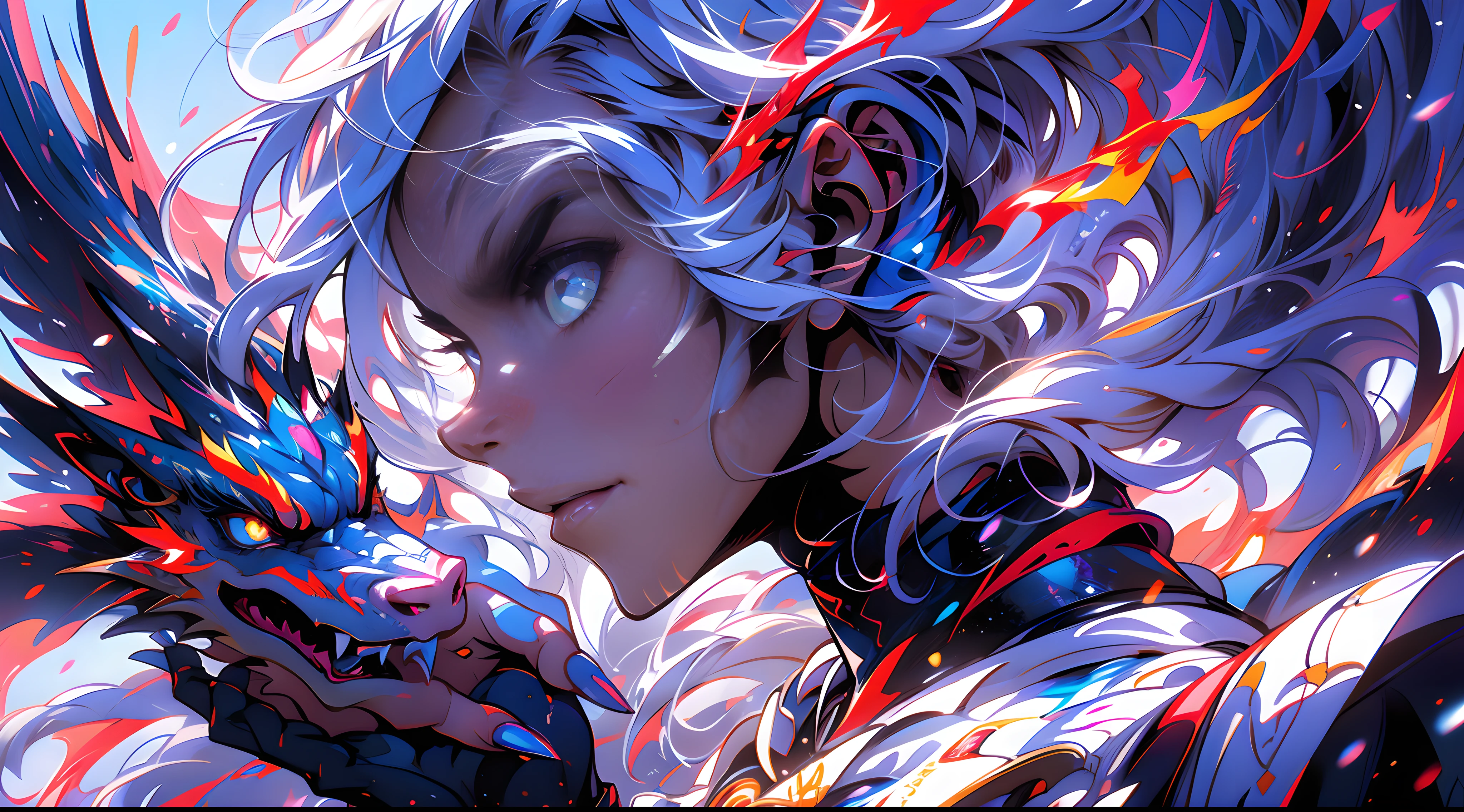 a girle, long dark hairs, The long ponytail flutters messily in the wind, The expression is extremely angry, The eyes are fierce. Dressed in a delicate damask Han dress, folded hands, The palm of the hand is surrounded by a blue aura, A fierce divine dragon in the background looks at the audience, The picture is very impressive, crazy, high detail, Action painting, anime style, Hyperrealism, chiaroscuro, ray tracing, blending, motion lines, optical illusion, character chart, projected inset, first-person view, cowboy shot, caustics, UHD, masterpiece, ccurate, super detail, high details, highres, 8k