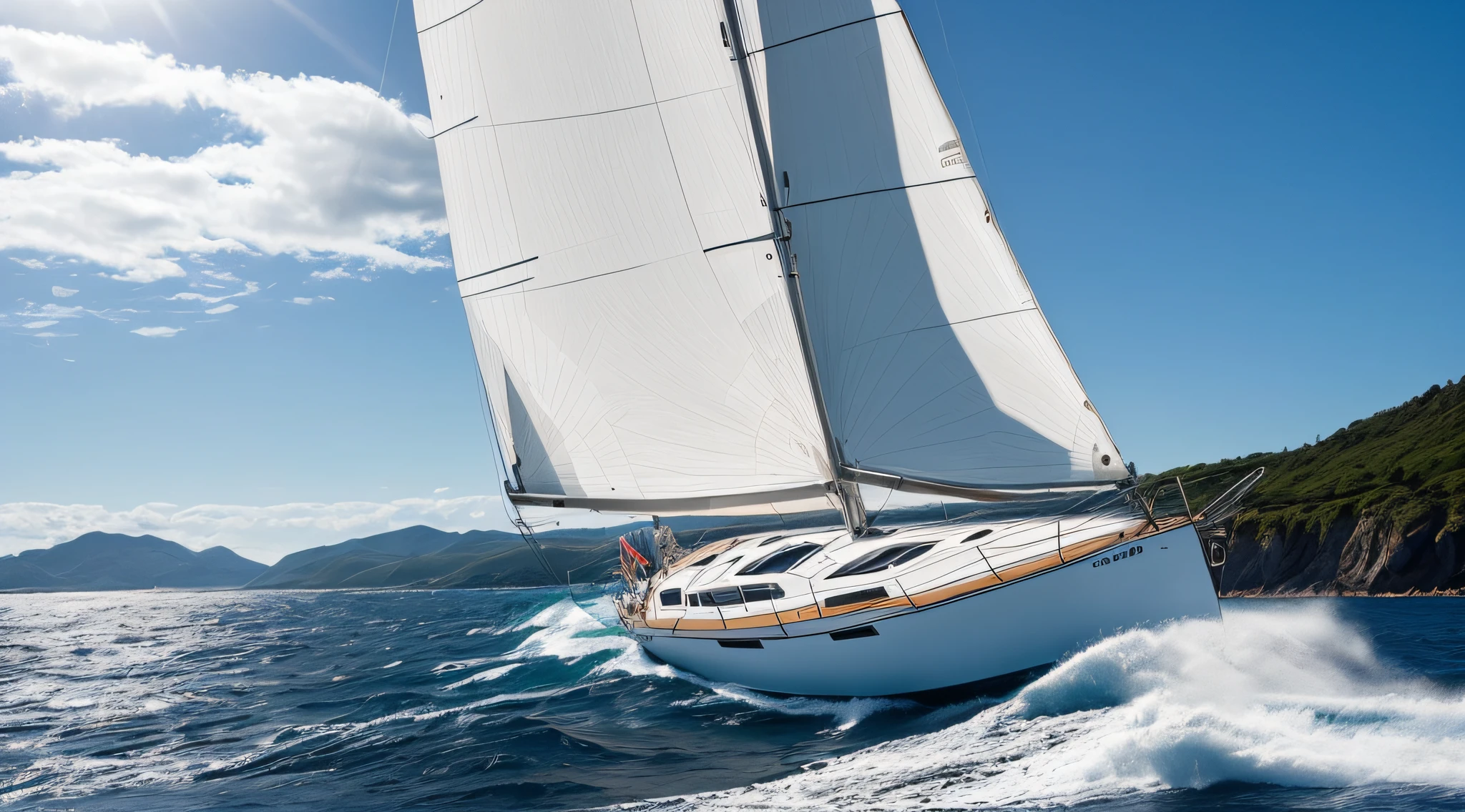 white and blue sailboat, sunny day, 4k, ultra realistic, big sails, strong wind, real, cinematic, boat race, high waves