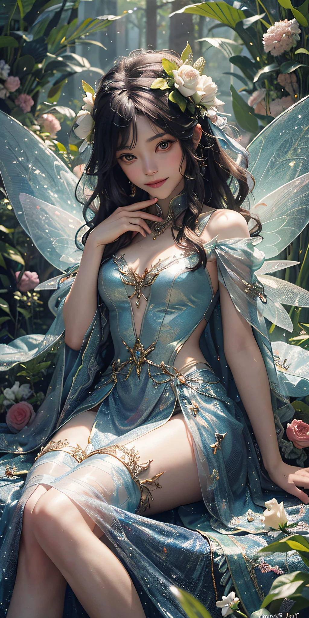 there is a woman with a fairy wings sitting on a bed, fairy aesthetics, beautiful adult fairy, beautiful fairy, portrait of a fairy, beautiful fairies, fairycore, ethereal fairytale, beautiful fairie, portrait of fairy, fairylike, ethereal wings, faerie, beautiful adult book fairy, ethereal fantasy, smiling as a queen of fairies, queen of the fairies, ((masterpiece)),16k,uhd