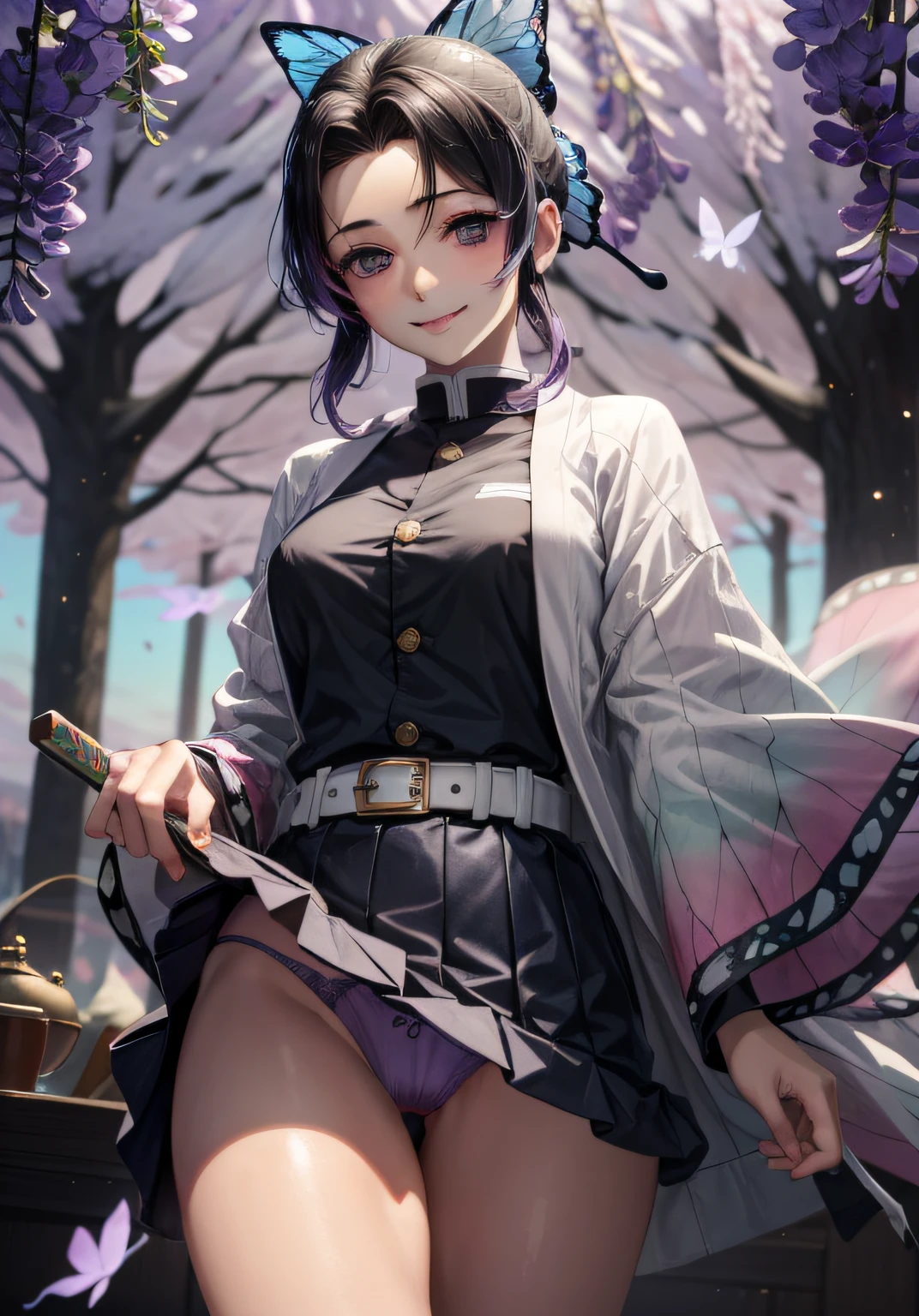 (Representative work: 1.2), (Best image quality: 1.2), Solo, Only Daughter, Shinobu Little Butterfly, Happy Smile, Light Japan Sword, (White shirt: 1.4), Face, Realistic eyes, Lilac eyes, Wet face, Black hair, (Butterfly panties: 1.5), (purple Micro panties:1.2), Taisho era, Spread your legs, from below, (lift your skirt:1.3), show off your panties, (lift yourself:1.3), ultra mini skirt, (Dynamic Pose: 1.2),erected nipple silhouette,large breasts