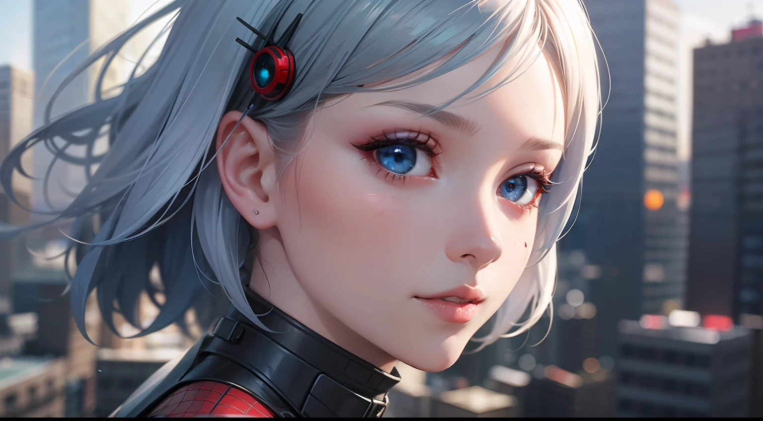 (1girl:1.3), Solo, (((Very detailed face)))), ((Very detailed eyes and face)))), Beautiful detail eyes, Body parts__, Official art, 8k unified wallpaper, Super detailed, beautiful and beautiful, beautiful, masterpiece, best quality, original, masterpiece, super thin photo, best quality, super high resolution, realistic realism, sunlight, short blue hair pink tips, facial marks, hair ornaments, full body portrait, amazing beauty, dynamic pose, delicate face, vibrant eyes, (from the front), She wears Spider-Man suit, red and black color scheme, spider, very detailed city roof background, roof, with city view, detailed face, detailed complex busy background, messy, gorgeous, milky white, highly detailed skin, realistic skin details, visible pores, clear focus, volumetric mist, 8k uhd, DSLR, high quality, film grain, light skin, photographic realism, lomography, futuristic dystopian megalopolis, translucent