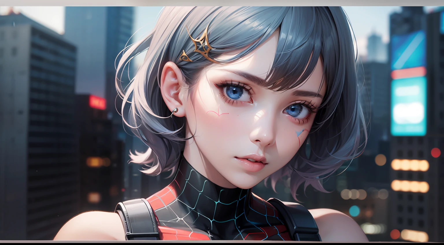 (1girl:1.3), Solo, (((Very detailed face)))), ((Very detailed eyes and face)))), Beautiful detail eyes, Body parts__, Official art, 8k unified wallpaper, Super detailed, beautiful and beautiful, beautiful, masterpiece, best quality, original, masterpiece, super thin photo, best quality, super high resolution, realistic realism, sunlight, short blue hair pink tips, facial marks, hair ornaments, full body portrait, amazing beauty, dynamic pose, delicate face, vibrant eyes, (from the front), She wears Spider-Man suit, red and black color scheme, spider, very detailed city roof background, roof, with city view, detailed face, detailed complex busy background, messy, gorgeous, milky white, highly detailed skin, realistic skin details, visible pores, clear focus, volumetric mist, 8k uhd, DSLR, high quality, film grain, light skin, photographic realism, lomography, futuristic dystopian megalopolis, translucent