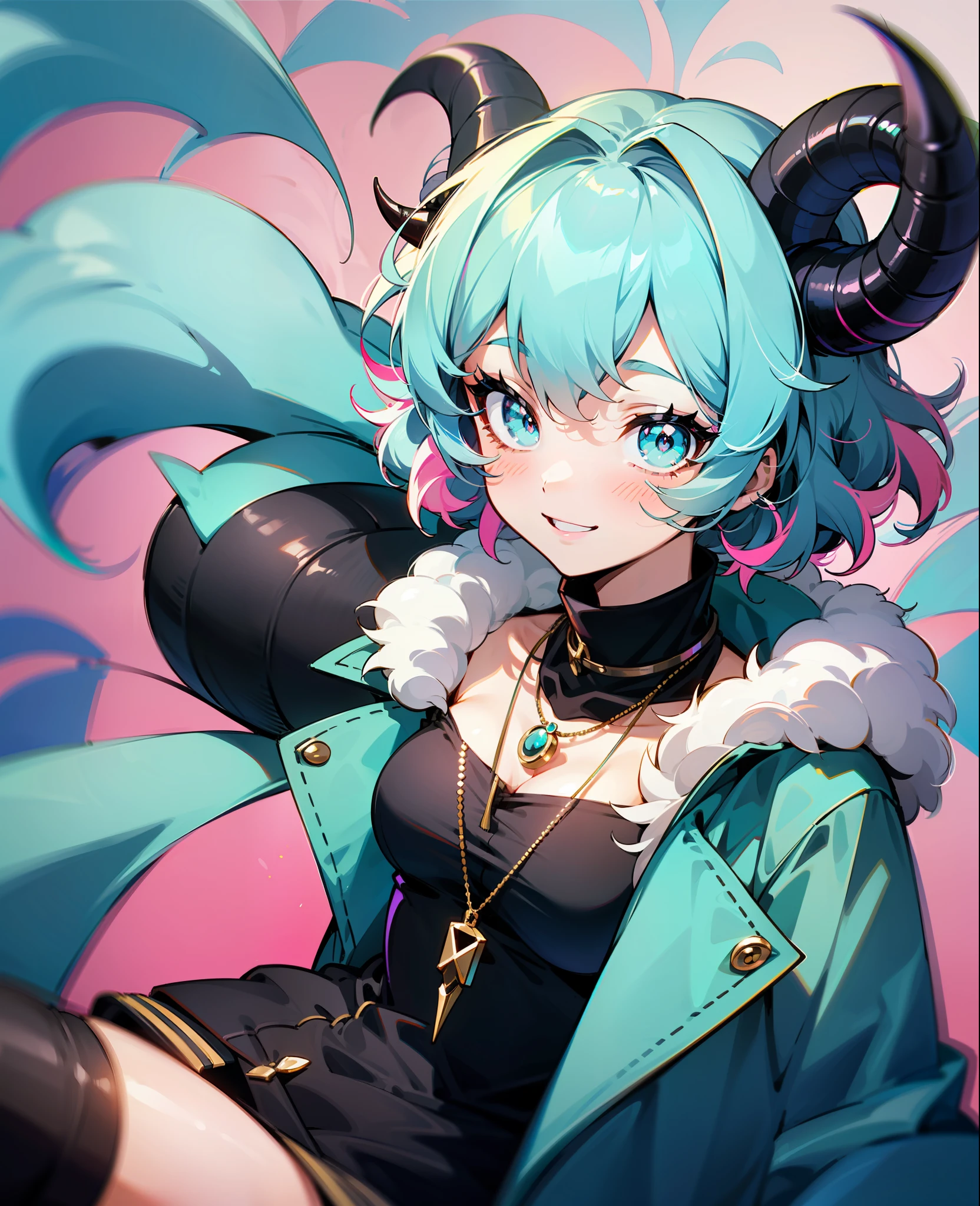 sheep girl, curly and messy hair, (short hair), (cyan hair), (rectangular pupils), blue sheep eyes, black goat horns, wearing a blue overol, with a necklace, with a pink coat on her shoulders, black boots, happy, cheerful, smiling, playful, cute, beautiful, dynamic pose, (1girl), female, solo