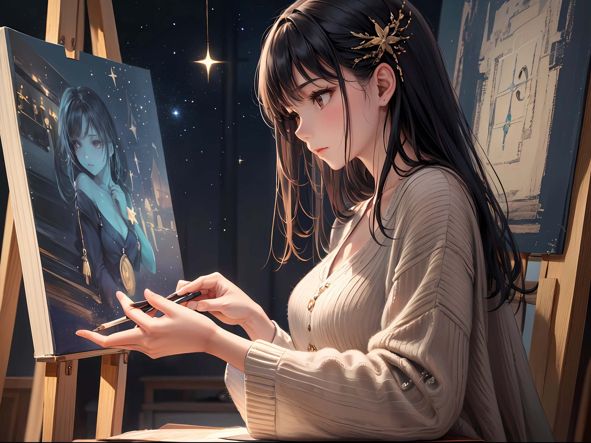 A girl painting under a starry sky, evoking a sense of beauty and solitude. The girl sits on a cozy blanket, surrounded by her art supplies and a canvas resting on an easel. Above her, a vast expanse of twinkling stars illuminates the night sky, casting a gentle glow on her surroundings. The scene exudes a serene and contemplative atmosphere, as she immerses herself in the creative process. The brushstrokes on the canvas capture the magical essence of the night sky, while her focused expression reflects the deep connection she feels with her artwork. The combination of the girl's presence and the celestial backdrop creates a captivating sense of beauty and solitude. Executed in a style that blends realism and dreamlike elements, with soft color tones and delicate details, enhancing the enchanting ambiance of the scene.