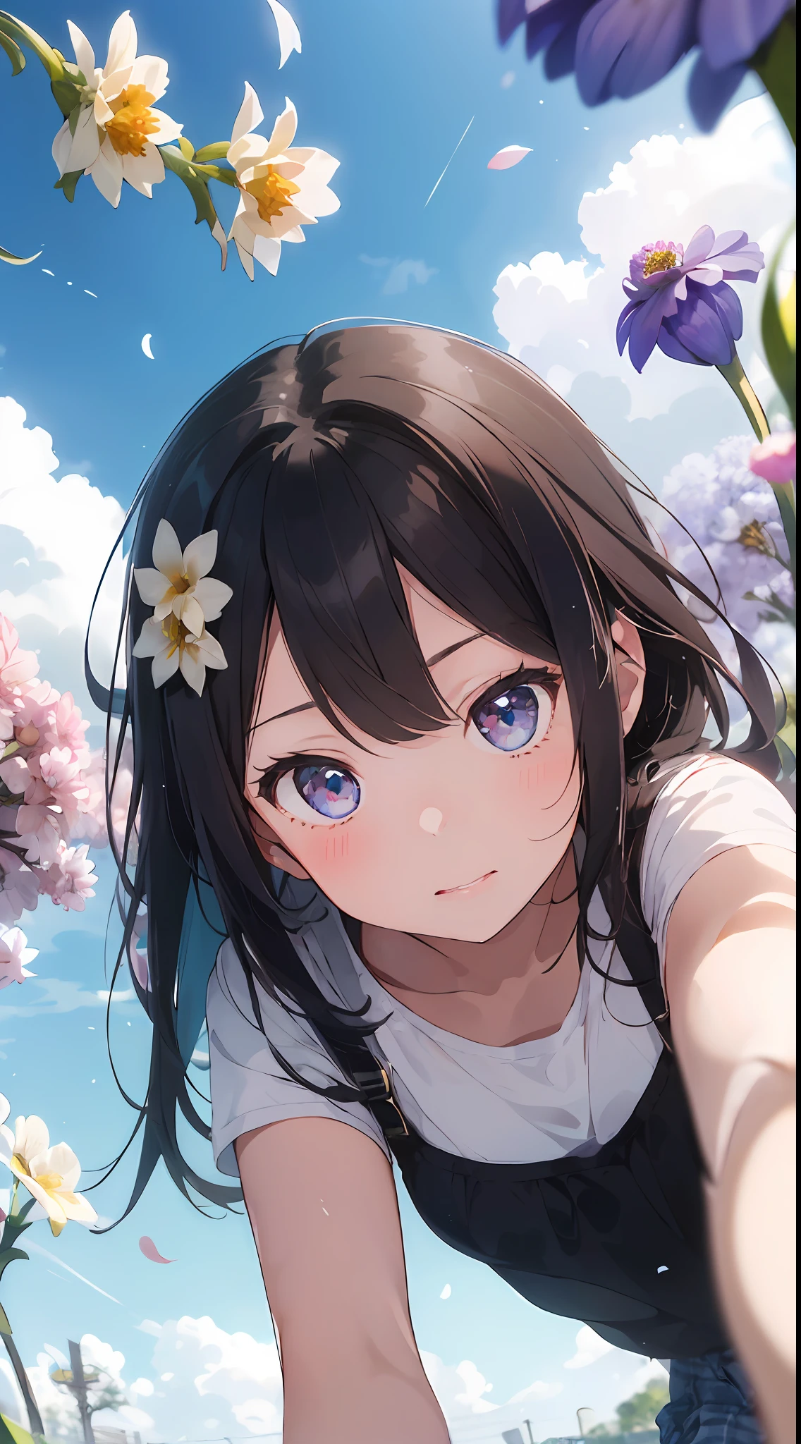 ((masterpiece,best quality)),(1girl, solo:1.4),negative space:1.3,from above,beautiful detailed eyes, vivid, cloudy sky, flower, anemone \(flower\), daffodil, hyacinth,falling petals,sanshoku dango, hanami, picnic, incoming kiss, incoming hug,