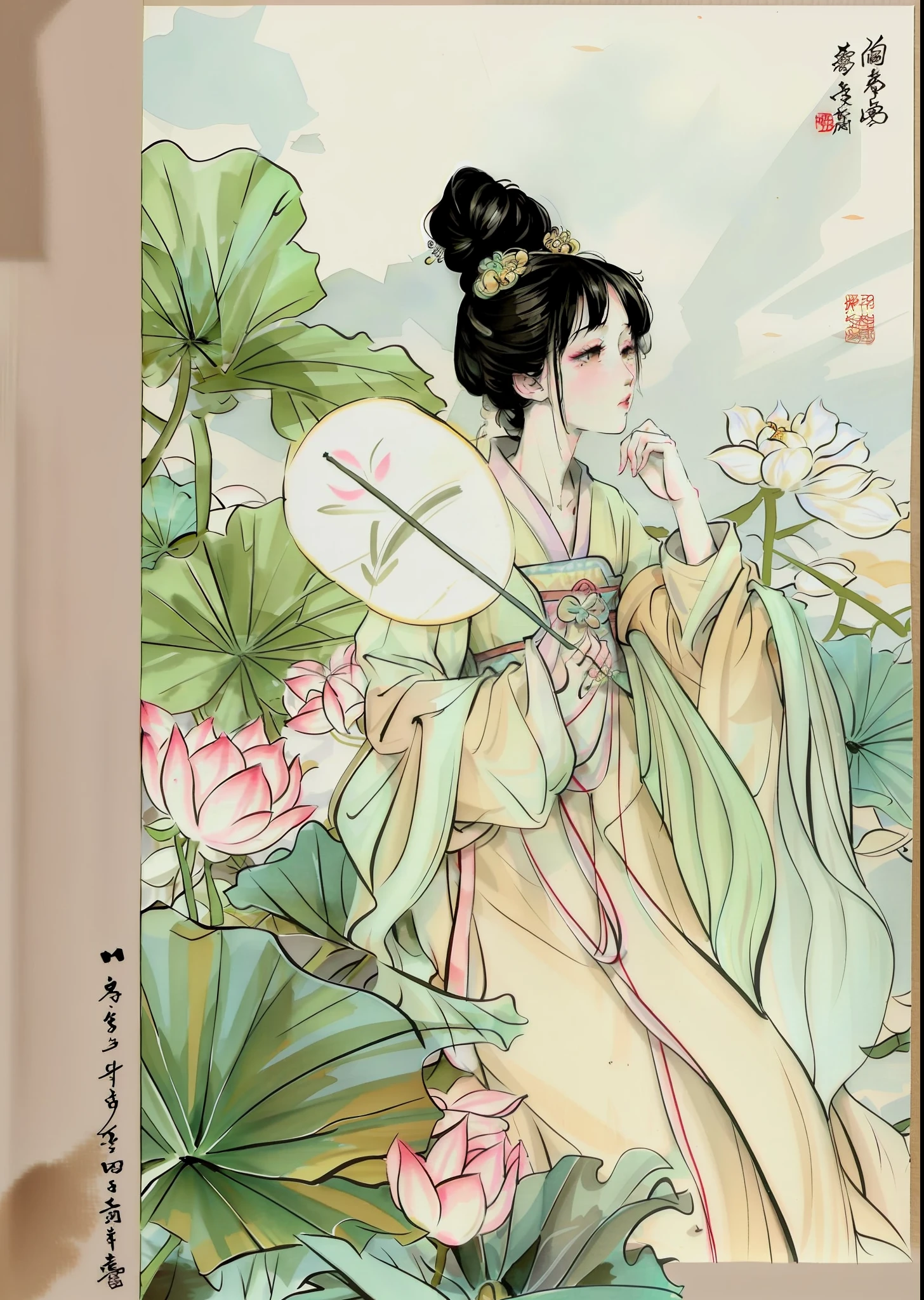 {
  "prompt": "Painting a woman in a green dress holding a fan in her hand is inspired by Yun Feiji, Tang Yin and Qiu Ying, in a palace full of lotus flowers, dressed in Han clothes, showing the style of an ancient Chinese princess. Using Chinese painting styles such as Yun Shouping and Wu Shixian as references, he created paintings with Chinese style. "
}
