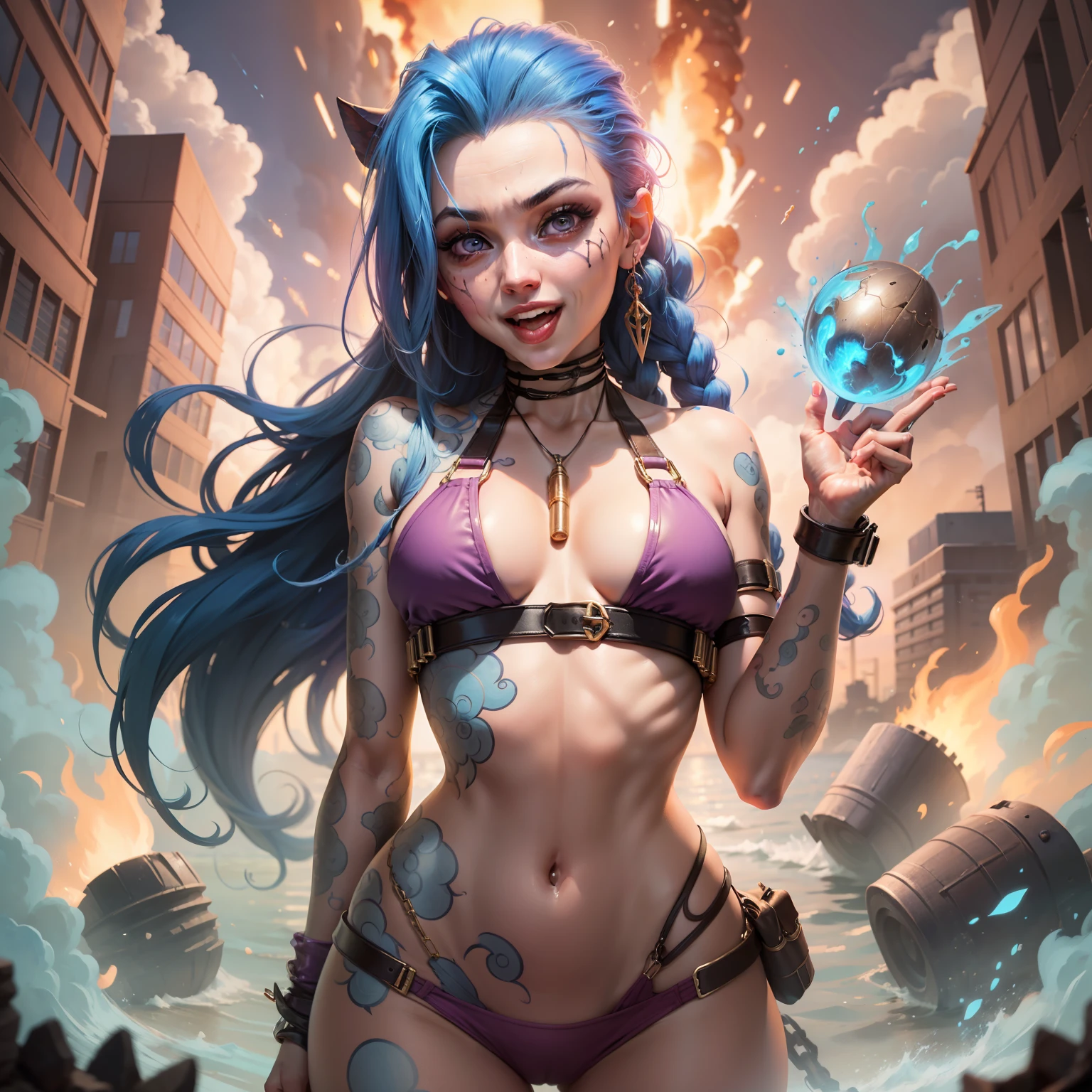 Jinx, lol, happy, in transparent bikini, looking at the viewer, moist body, big explosion in the background, sensuality in the body, small chest, tight bikini, purple iris, provocative, showing the tongue, breast beak marking, perfect hand with 5 fingers, prime work, best quality, all fingers