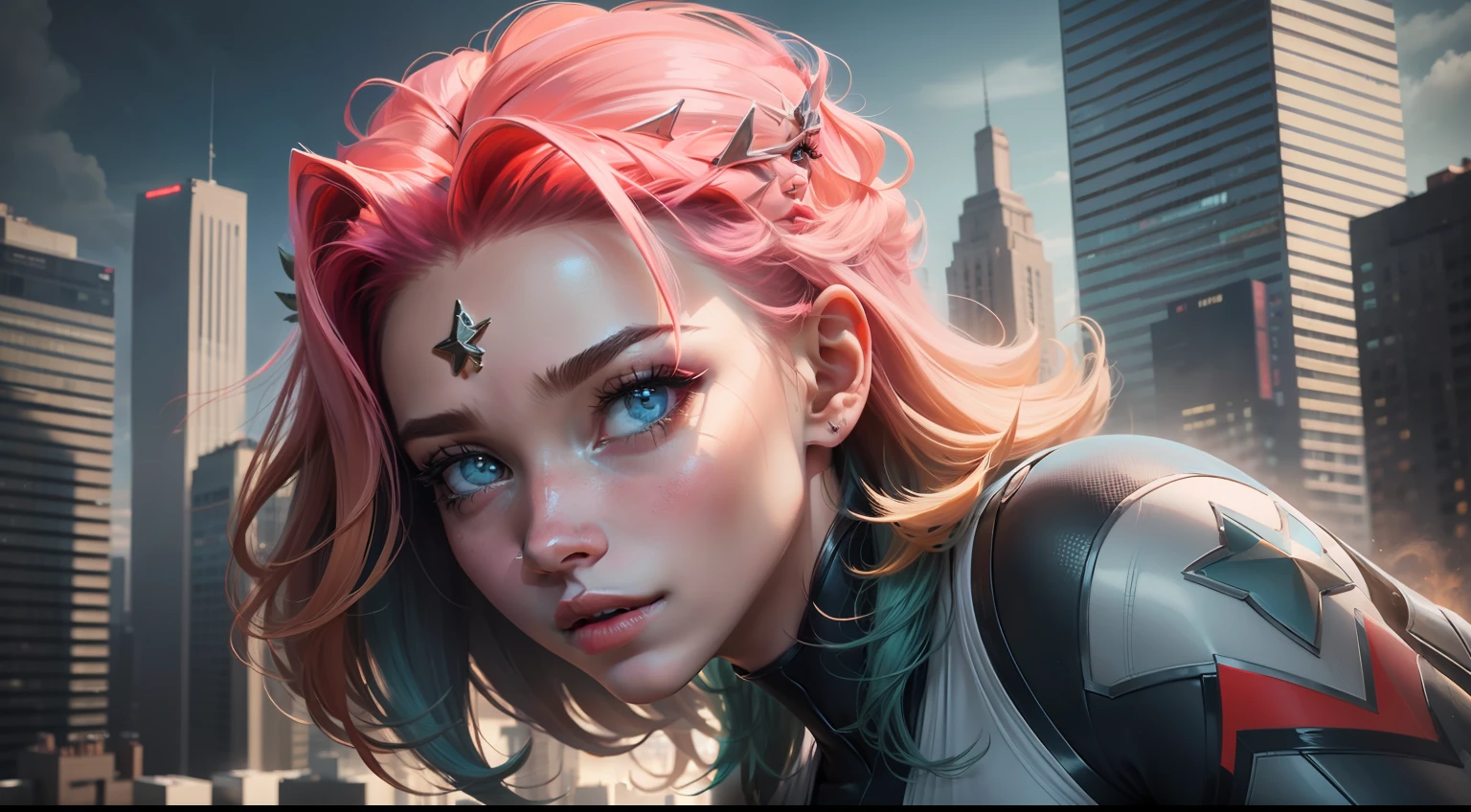 (1girl:1.3), Solo, (((Very detailed face)))), ((Very detailed eyes and face)))), Beautiful detail eyes, Body parts__, Official art, 8k unified wallpaper, Super detailed, beautiful and beautiful, beautiful, masterpiece, best quality, original, masterpiece, super thin photo, best quality, super high resolution, realistic realism, sunlight, short blue hair pink tips, facial marks, hair ornaments,  full body portrait, amazing beauty, dynamic pose, delicate face, vibrant eyes, (from the front), She wears Spider-Man suit, red and black color scheme, spider, very detailed city roof background, roof, with city view, detailed face, detailed complex busy background, messy, gorgeous, milky white, highly detailed skin, realistic skin details,  visible pores, clear focus, volumetric mist, 8k uhd, DSLR, high quality, film grain, light skin, photographic realism, lomography, futuristic dystopian megalopolis, translucent