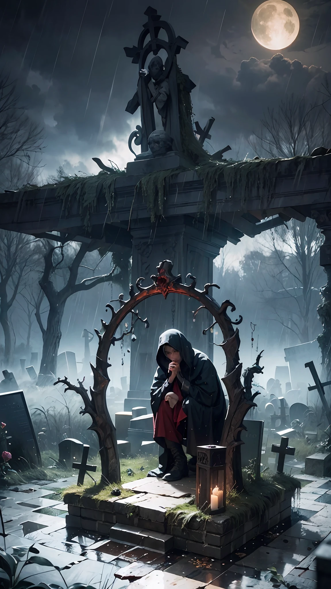 photorealistic, best quality, masterpiece, rainy graveyard, spirit dark theme, dim light, nether, chthonian, gloominess