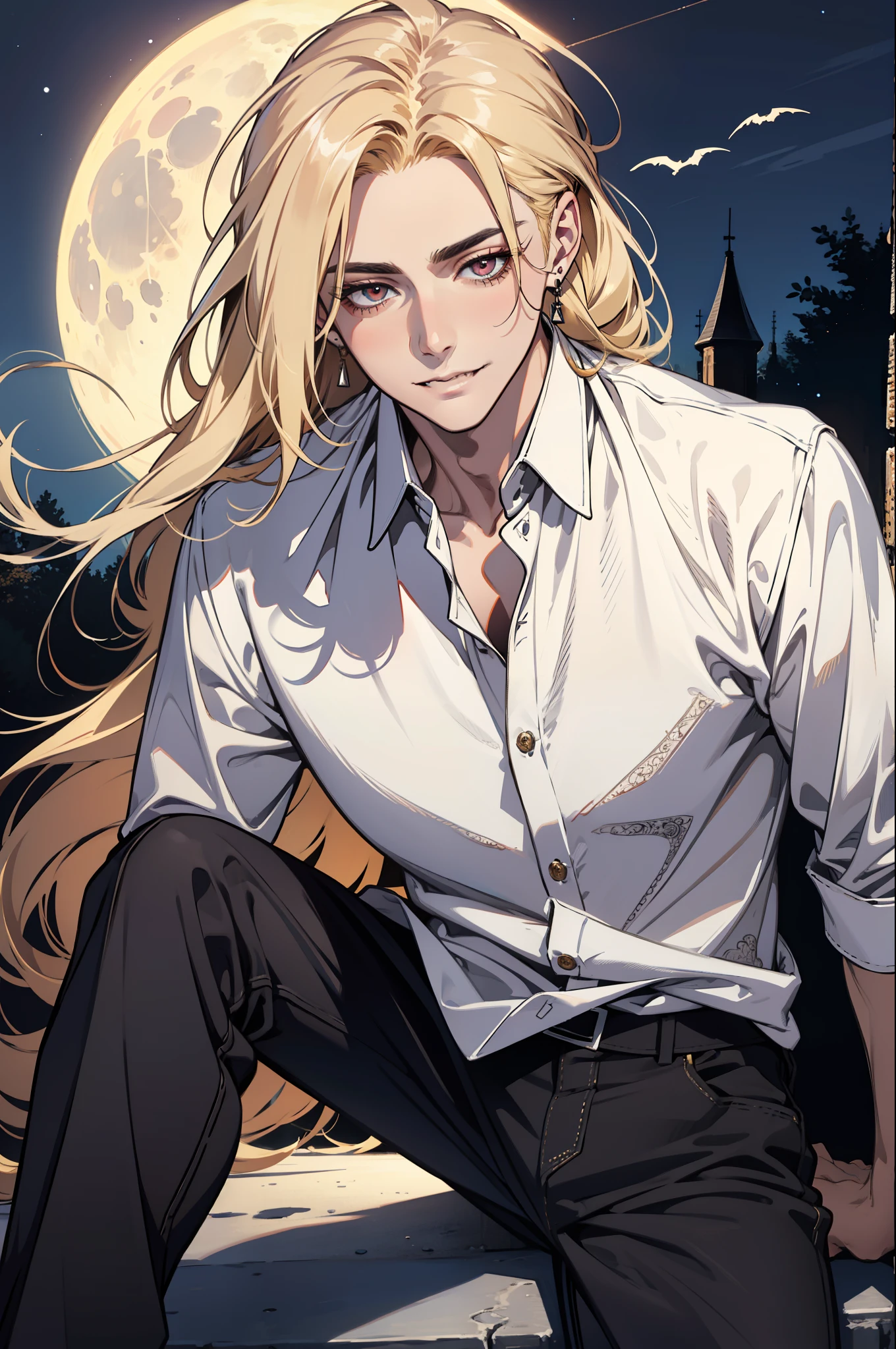 (absurdres, highres, ultra detailed), 1man, 30 years old man, adult man, handsome, tall,, finely detailed eyes and detailed face, leather pants, (((white shirt))), night, smile, dutch angle, ((long hair, blonde hair)), moon, gold details, earrings, gothic, vampire, vampire prince, dark, simple clothes, looking at the view, pale skin, red detailed eyes, (masculine), sexy, elegant, long bangs,