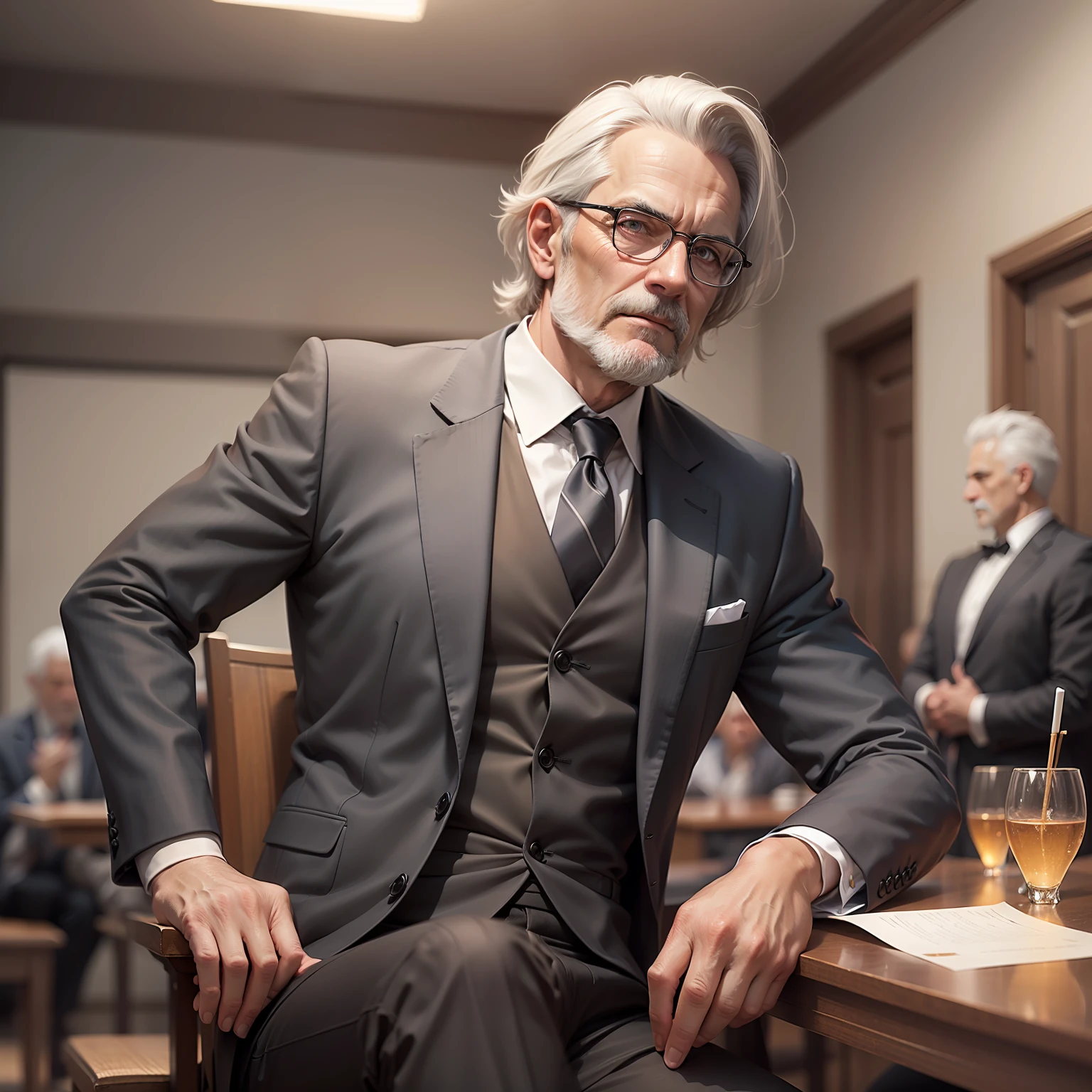 Ultra realistic image of a middle-aged man, gray hair and with entrances, thin, dressed elegantly, sitting with his arm raised at an auction, hand with 5 fingers, neutral expression