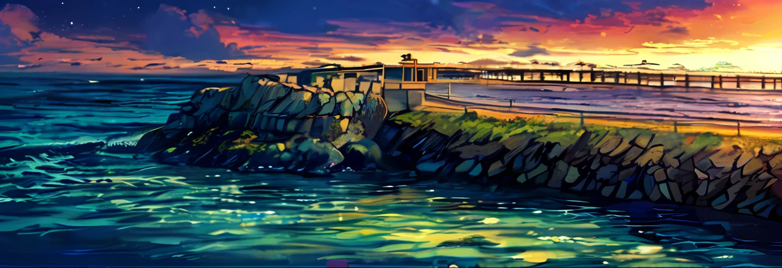 beach, beach water, night, rocks, seaside, color manga, manga color, color manga, color manga panel, simple background
