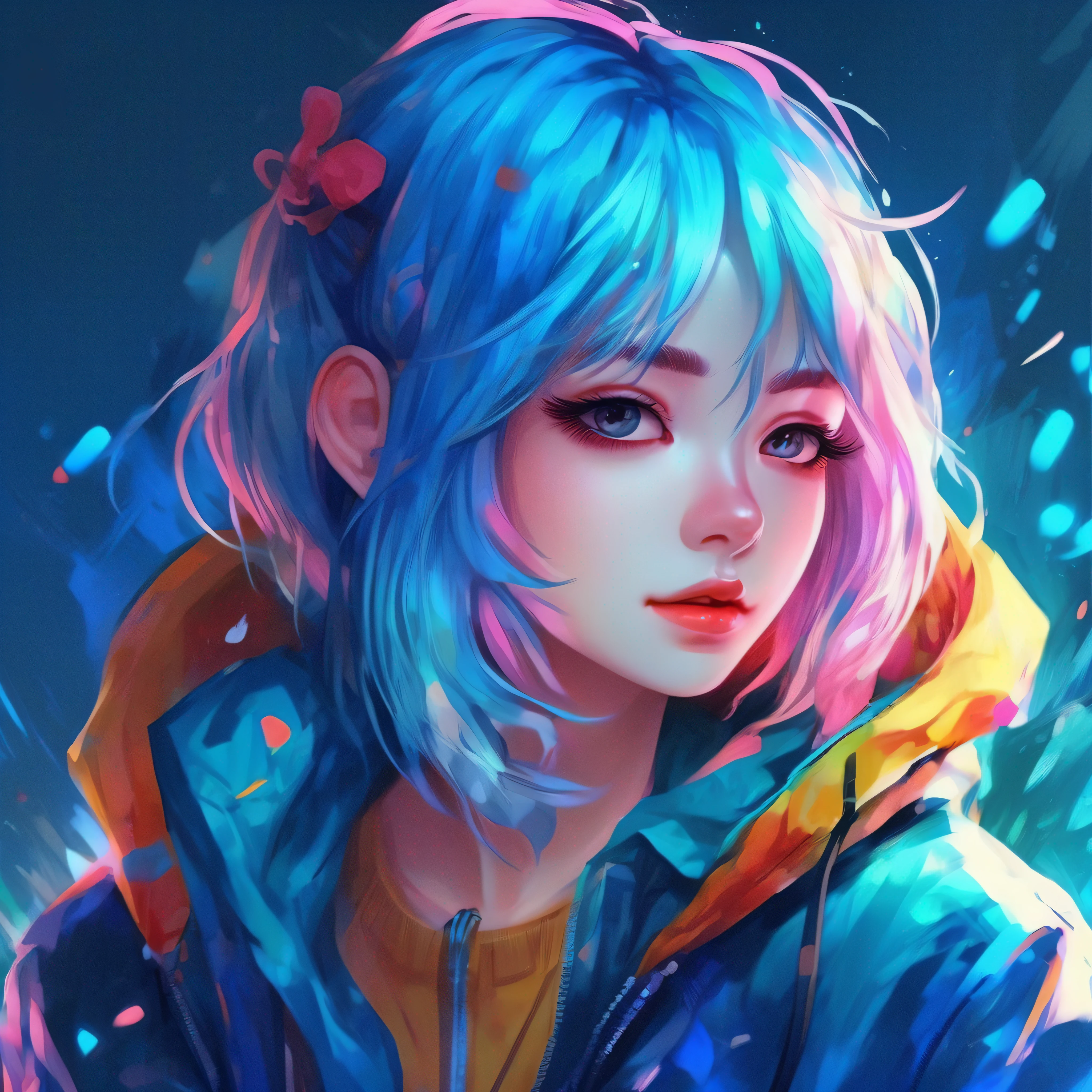 a girl with a bright hair and a blue jacket looks at the camera, inspired by Yuumei, digital anime art, colorful digital painting, rossdraws cartoon vibrant, anime style 4 k, alice x. zhang, by Yuumei, digital anime illustration, beautiful anime portrait, vibrant digital painting, detailed digital anime art, anime digital art