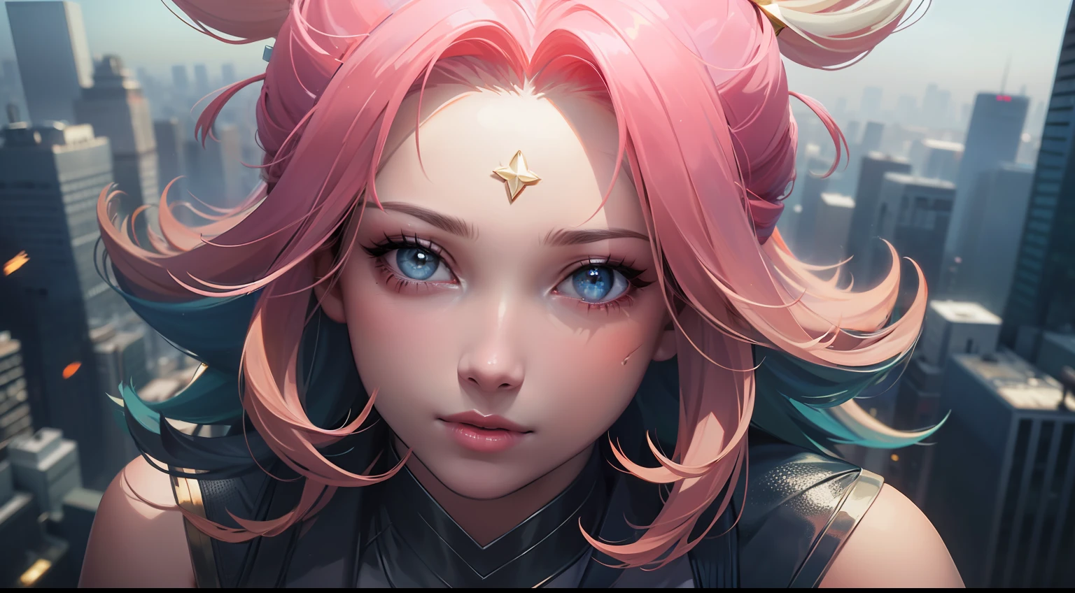 (1girl:1.3), Solo, (((Very detailed face)))), ((Very detailed eyes and face)))), Beautiful detail eyes, Body parts__, Official art, 8k unified wallpaper, Super detailed, beautiful and beautiful, beautiful, masterpiece, best quality, original, masterpiece, super thin photo, best quality, super high resolution, realistic realism, sunlight, short blue hair pink tips, facial marks, hair ornaments,  full body portrait, amazing beauty, dynamic pose, delicate face, vibrant eyes, (from the front), She wears Spider-Man suit, red and black color scheme, spider, very detailed city roof background, roof, with city view, detailed face, detailed complex busy background, messy, gorgeous, milky white, highly detailed skin, realistic skin details,  visible pores, clear focus, volumetric mist, 8k uhd, DSLR, high quality, film grain, light skin, photographic realism, lomography, futuristic dystopian megalopolis, translucent