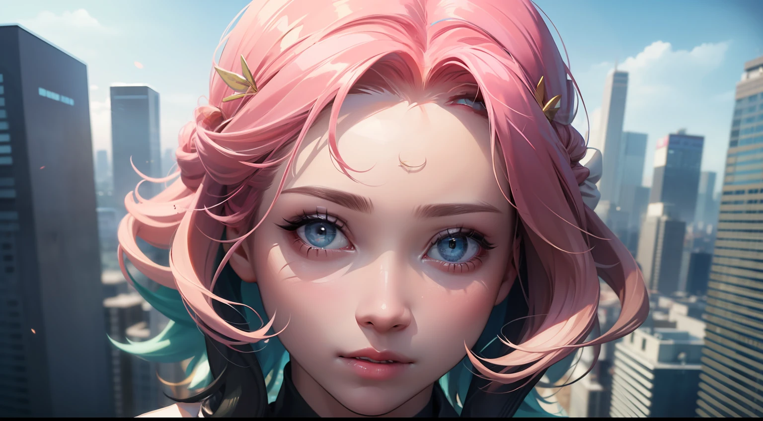 (1girl:1.3), Solo, (((Very detailed face)))), ((Very detailed eyes and face)))), Beautiful detail eyes, Body parts__, Official art, 8k unified wallpaper, Super detailed, beautiful and beautiful, beautiful, masterpiece, best quality, original, masterpiece, super thin photo, best quality, super high resolution, realistic realism, sunlight, short blue hair pink tips, facial marks, hair ornaments, full body portrait, amazing beauty, dynamic pose, delicate face, vibrant eyes, (from the front), She wears Spider-Man suit, red and black color scheme, spider, very detailed city roof background, roof, with city view, detailed face, detailed complex busy background, messy, gorgeous, milky white, highly detailed skin, realistic skin details, visible pores, clear focus, volumetric mist, 8k uhd, DSLR, high quality, film grain, light skin, photographic realism, lomography, futuristic dystopian megalopolis, translucent