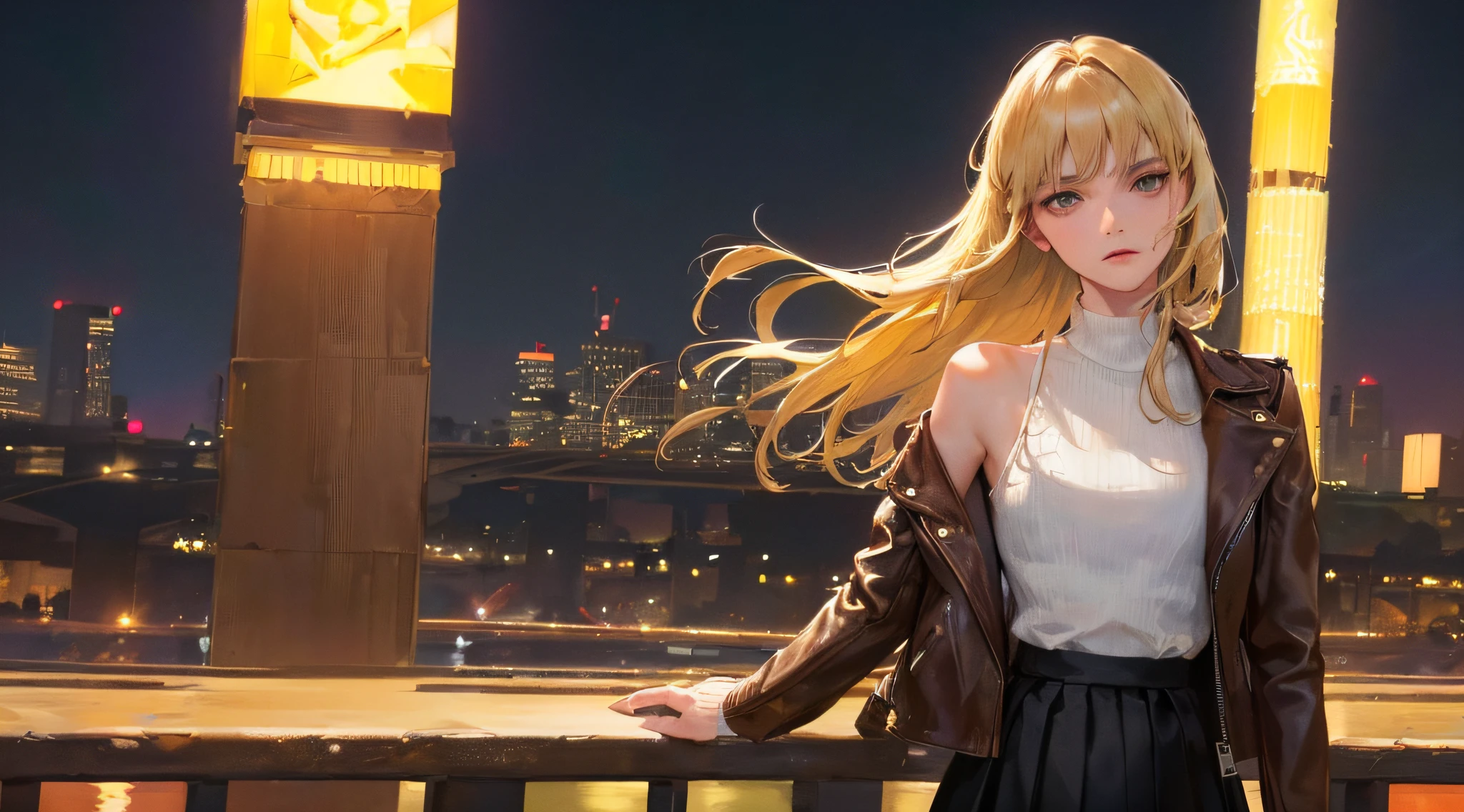 (maximum resolution, distinct_image) Best quality, ((((1 woman))), masterpiece, vivid colors, arms crossed, very detailed, night cityscape, semi-realistic, blonde, straight hair, expressionless, bangs, 21 years old, mature, young, brown leather jacket, black long skirt, outdoor, delicate facial features, facial features, mid-shot,