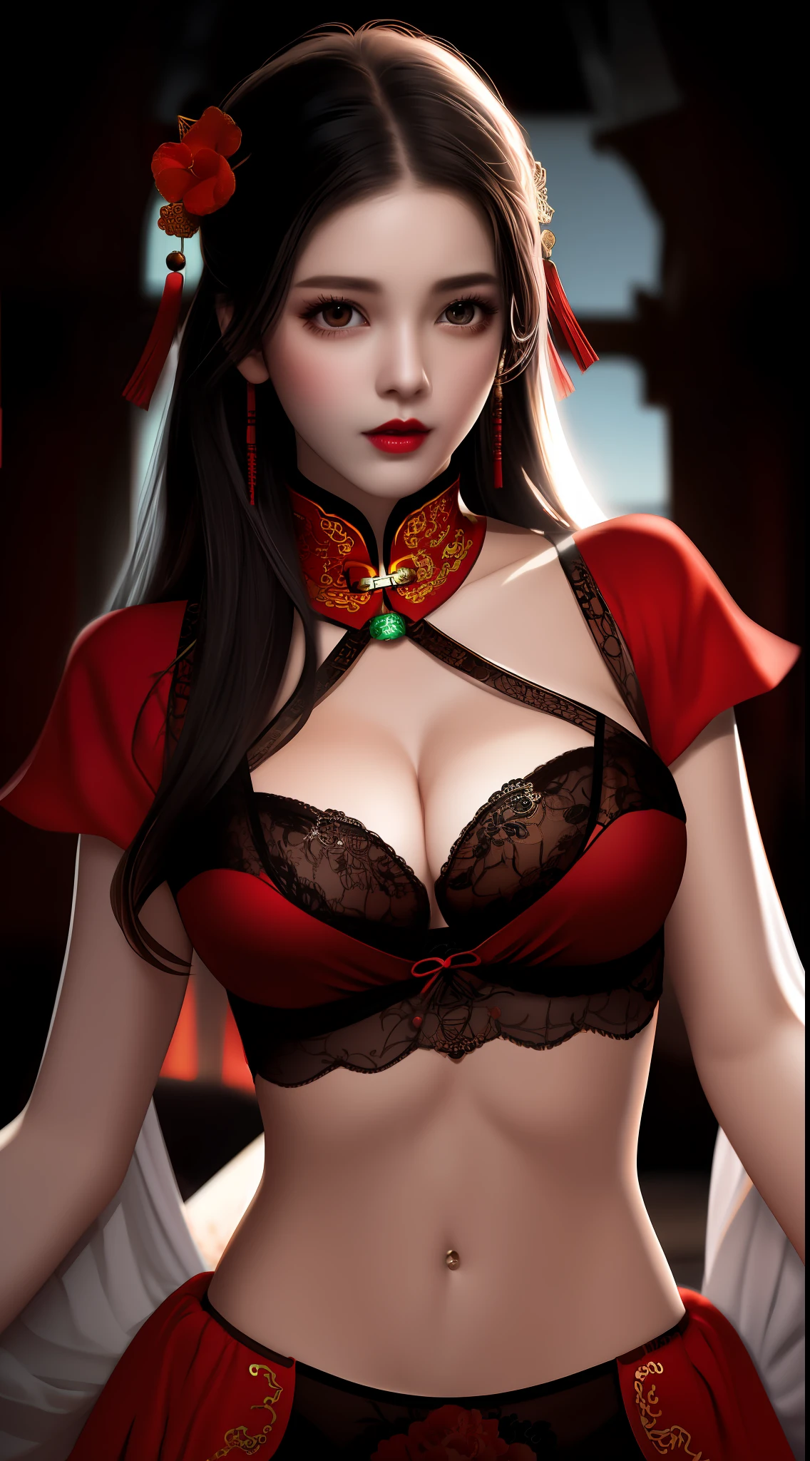 Realistic, 1 girl, see-through chinese armor soft red black, very large breasts, black hair, red lips, detailed eyes , dark backgrou,,Low light, Chinese underwear, best face, Low light landscape, sexy style, royal, Penetration , chinese underwear,bust, Dark background, Detailed face, taken from the belly up