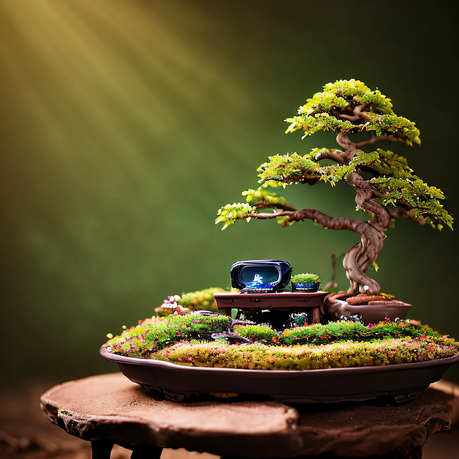 Miniature Bonsai landscape with dolls on top of Realistic, Photography, Studio lighting, shot by Phase One camera, HDR clarity detail, Hyperfocal length, 8K, Ultra Realistic --auto