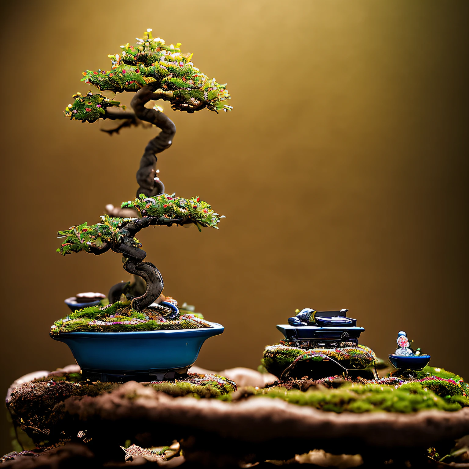 Miniature Bonsai landscape with dolls on top of Realistic, Photography, Studio lighting, shot by Phase One camera, HDR clarity detail, Hyperfocal length, 8K, Ultra Realistic --auto