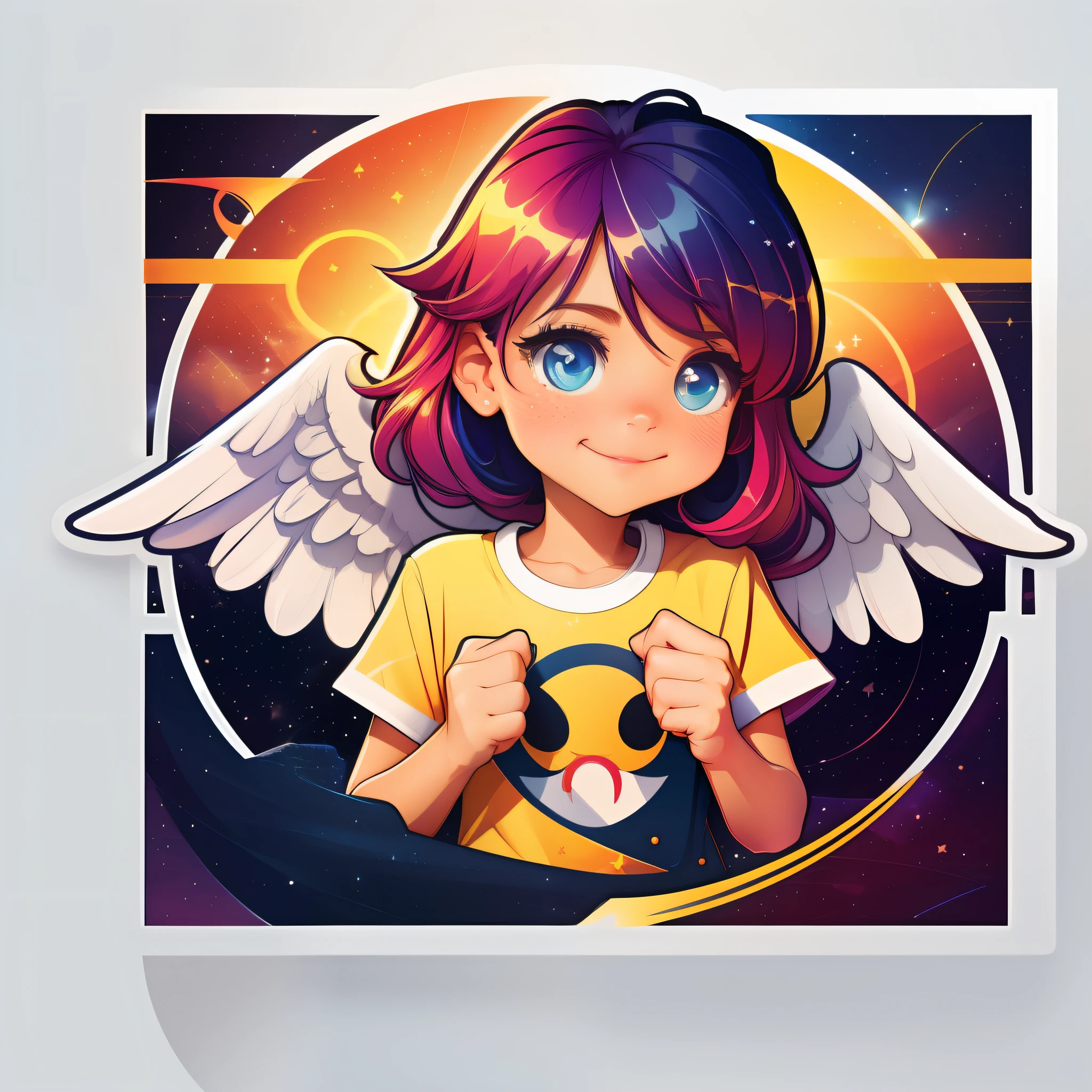 A cute little angel, (best quality, cartoon, t-shirt logo), modern style, bright colors, high resolution, bold font, network printing effect, stars and constellations theme.