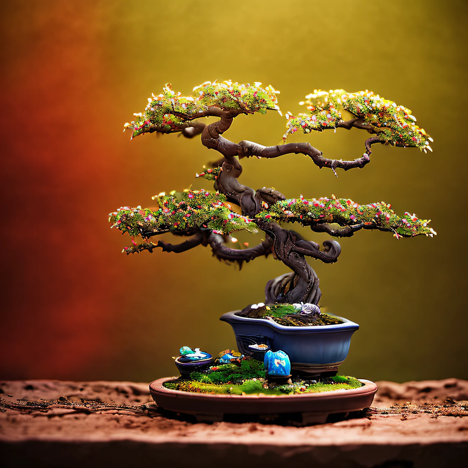 Miniature Bonsai landscape with dolls on top of Realistic, Photography, Studio lighting, shot by Phase One camera, HDR clarity detail, Hyperfocal length, 8K, Ultra Realistic --auto