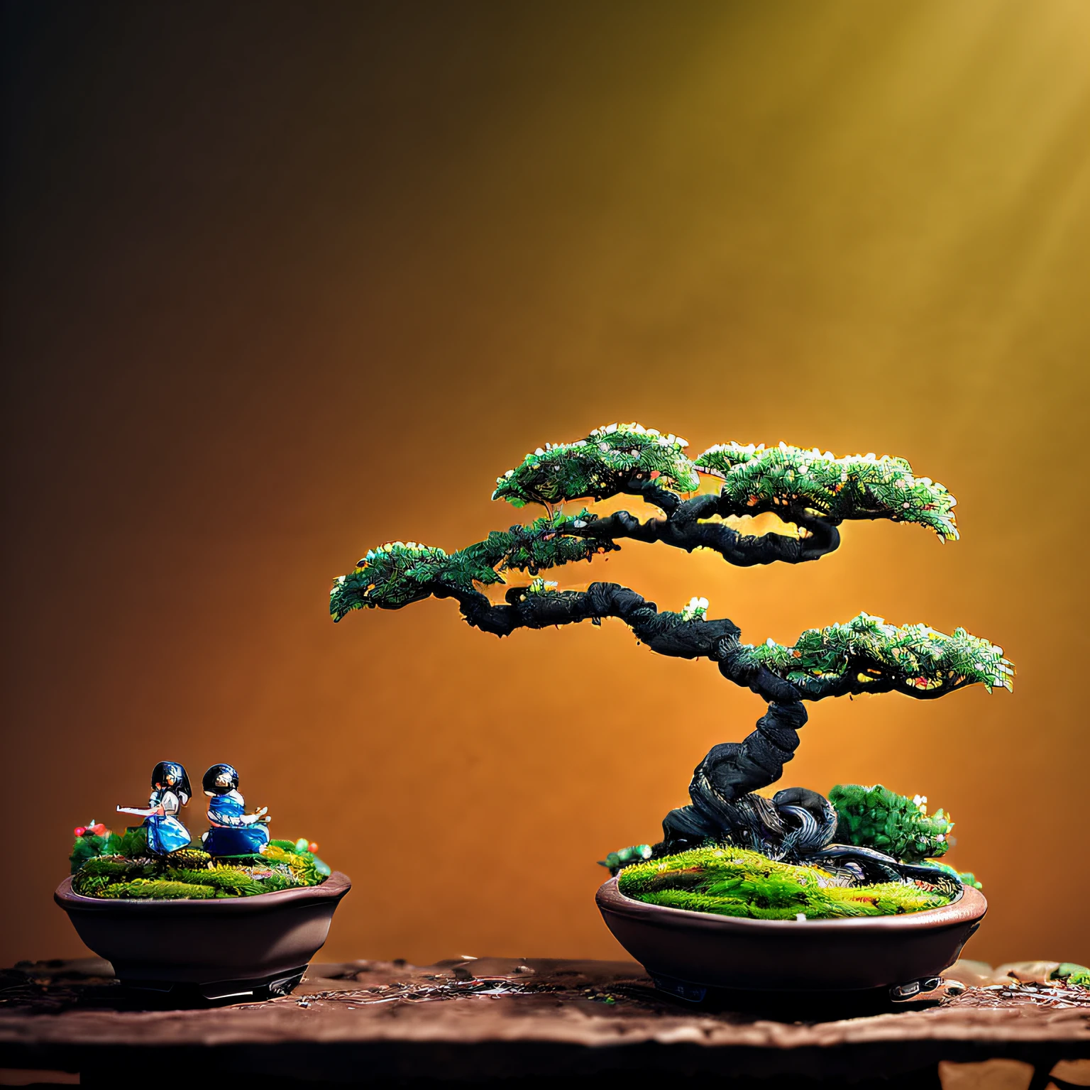 Miniature Bonsai landscape with dolls on top of Realistic, Photography, Studio lighting, shot by Phase One camera, HDR clarity detail, Hyperfocal length, 8K, Ultra Realistic --auto