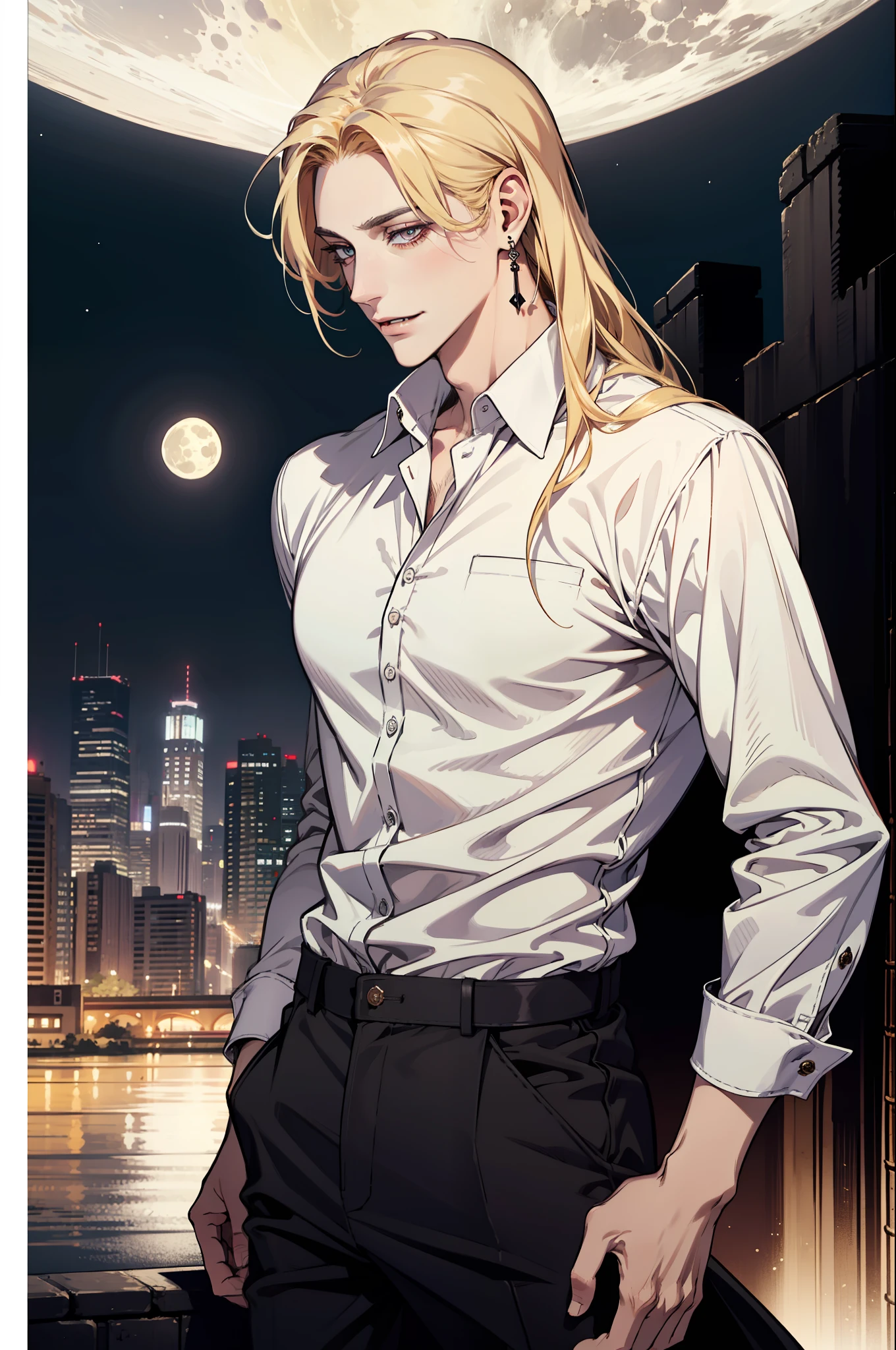 (absurdres, highres, ultra detailed), 1man, 30 years old man, adult man, handsome, tall,, finely detailed eyes and detailed face, leather pants, (((white shirt))), night, smile, dutch angle, ((long hair, blonde hair)), moon, gold details, earrings, gothic, vampire, vampire prince, dark, simple clothes, looking at the view, pale skin, red detailed eyes, (masculine), sexy, elegant, long bangs,