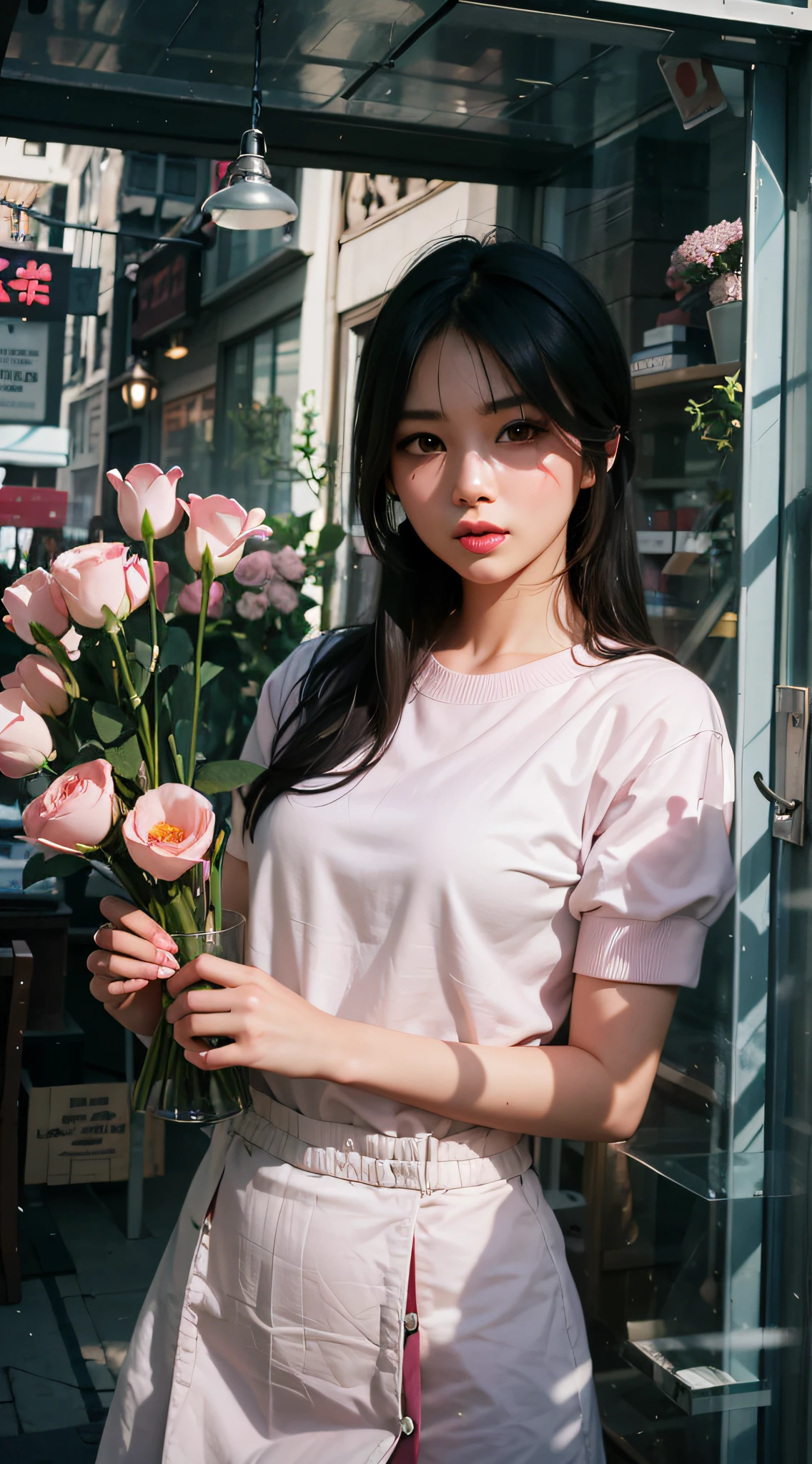 There is a woman holding a bouquet of flowers in front of a store, ulzzang, there are flowers, sakimichan, chinese girl, gorgeous young chinese woman, chinese female fashion model, heonhwa choe, beautiful chinese young woman, (pink), soft glow, soft pink, soft pink