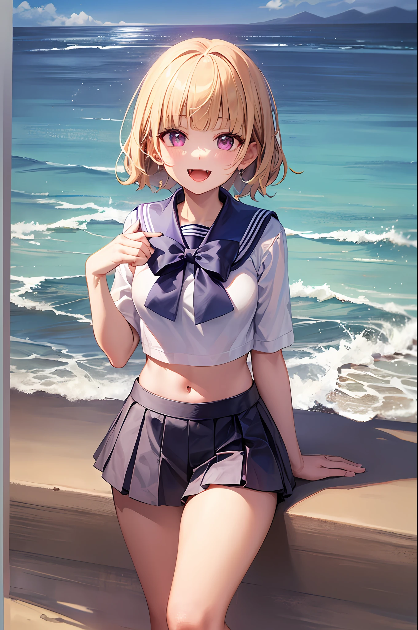 Original Character, Volumetric Lighting, Best Shadows, Shallow Depth of Field, Portrait Of Stunningly Beautiful Girl, cute, Petite, Delicate Beautiful Attractive Face With Alluring Purple Eyes, Broadly Smiling, Open Mouth, Fangs Out, (very short Blond Hair), (very short blunt bangs), Blush Eye shadow, Thick Eyelashes, sailor uniform, summer, (beach background), Standing, full body shot, (Highest Quality, master piece, Amazing Details:1.25), (Solo:1.3), Brilliant Colorful Paintings