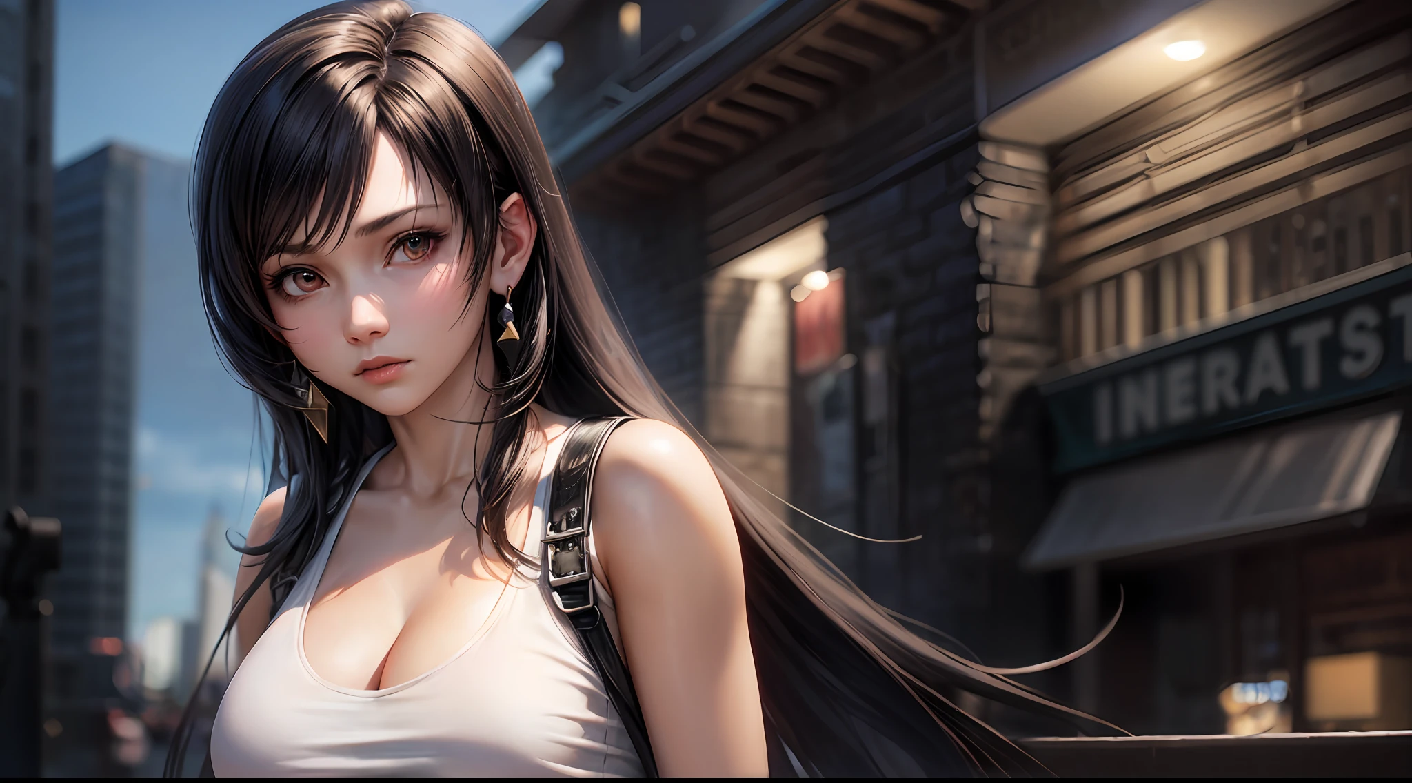 (Final Fantasy 7, Tifa), brown skin, white tank top, (black hair long hair), young, cute, beautiful girl, perfect style, big, emphasizing cleavage, expressionless, realistic, realistic, 8k, very detailed, highest quality, best quality, super high definition, masterpiece, one girl, (background is the American Statue of Liberty),