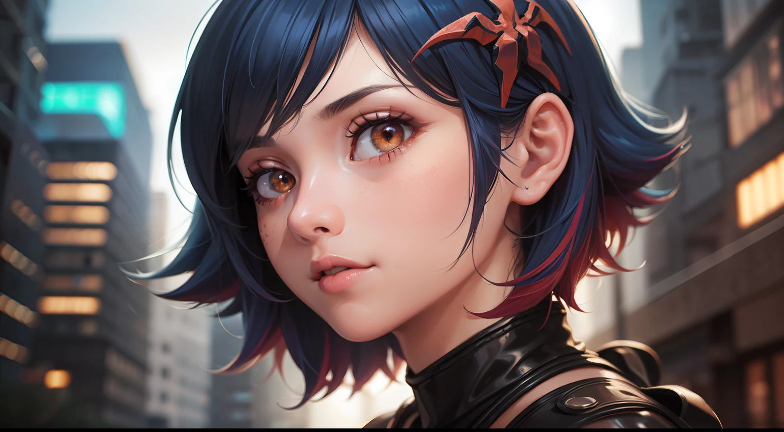 (1girl:1.3), Solo, (((Very detailed face)))), ((Very detailed eyes and face)))), Beautiful detail eyes, Body parts__, Official art, 8k unified wallpaper, Super detailed, beautiful and beautiful, beautiful, masterpiece, best quality, original, masterpiece, super thin photo, best quality, super high resolution, realistic realism, sunlight, short blue hair pink tips, facial marks, hair ornaments,  full body portrait, amazing beauty, dynamic pose, delicate face, vibrant eyes, (from the front), She wears Spider-Man suit, red and black color scheme, spider, very detailed city roof background, roof, with city view, detailed face, detailed complex busy background, messy, gorgeous, milky white, highly detailed skin, realistic skin details,  visible pores, clear focus, volumetric mist, 8k uhd, DSLR, high quality, film grain, light skin, photographic realism, lomography, futuristic dystopian megalopolis, translucent
