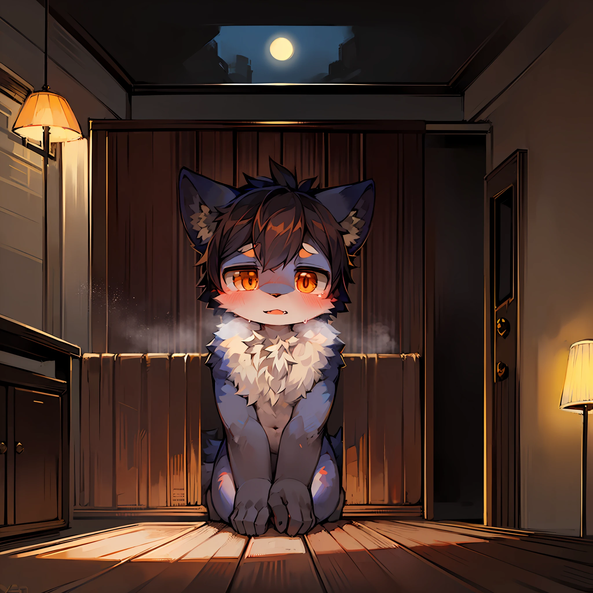 (Dark Environment: 0.8), Masterpiece, High Quality, Abstract Res, Digital Painting\(artwork\), by Dagasi, Yupa, Kiyosan, (Anthro, Fluffy Fur, Character Focus: 1.1), Anthro Male Cat, Short Hair, Portrait , bright eyes, panorama, character focus. (detailed background: 0.7), solo, furry, furry male, male focus, anthr, (full body fur, fluffy tail, golden fur, orange eyes, black hair: 1.2), (long canine, shotai, naked: 1.2), (summer, night, interior, white bed: 1.1), wolf type, blushing, panting,